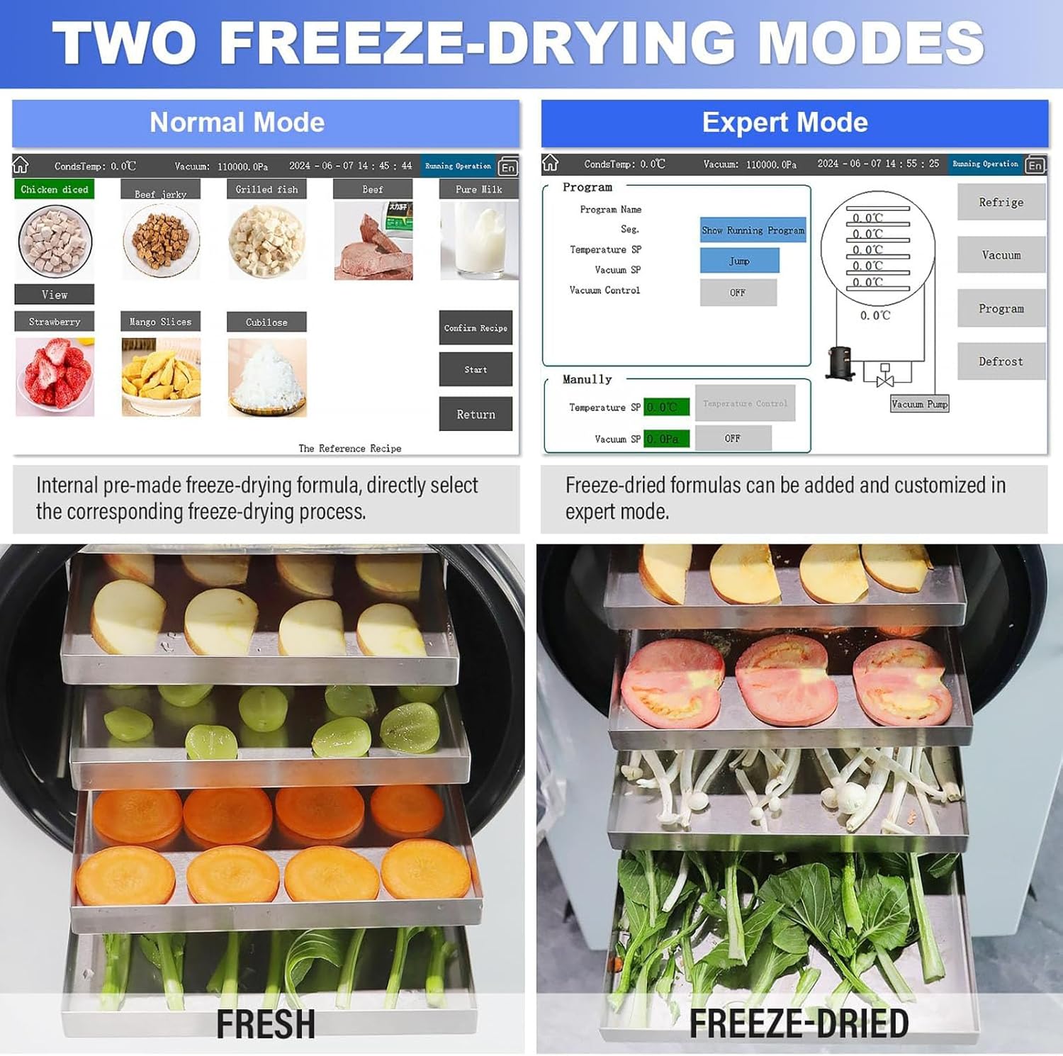 Vacuum freeze dryer, food dehydrator, with long-lasting timer and precise temperature control module, suitable for freeze-drying high-protein meat, fruit chips and wet pet food.