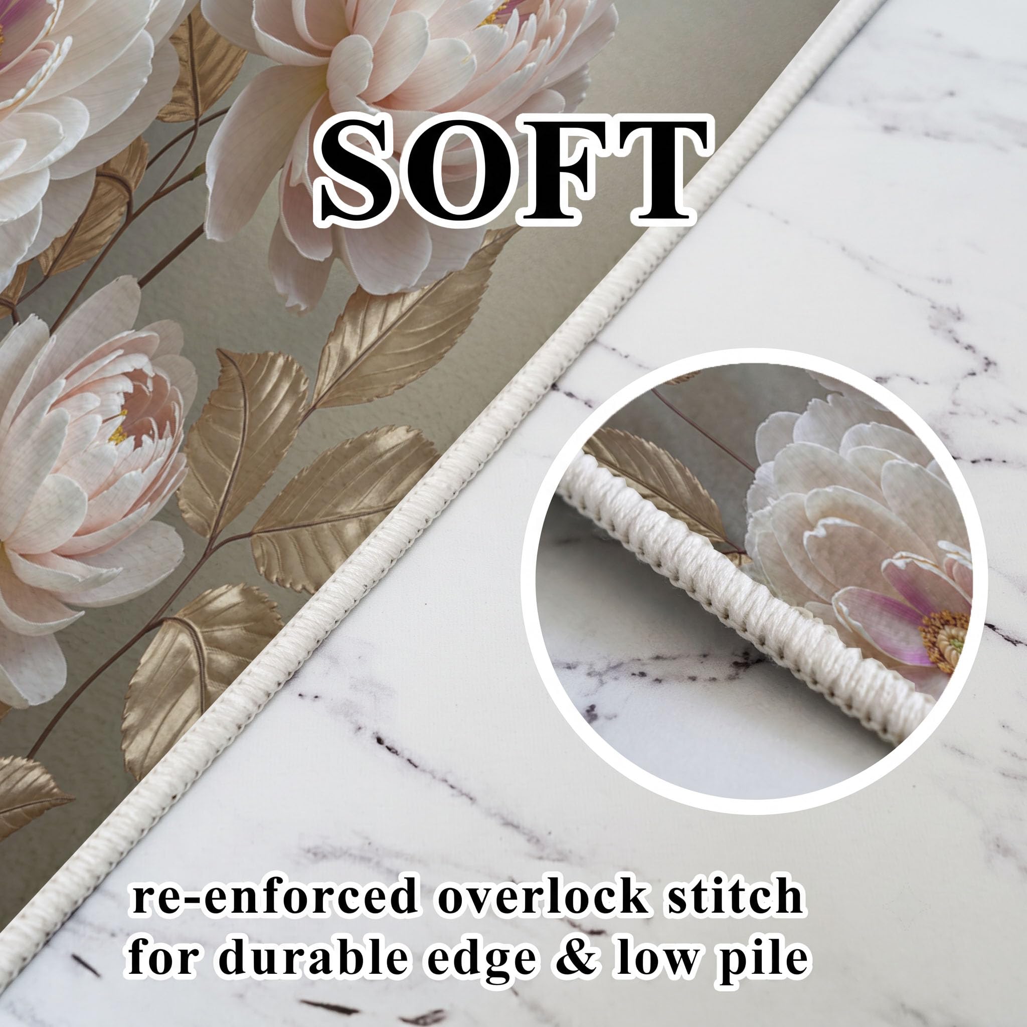 Tapis de Salon Rond à Poils Courts Ø 100 cm Tapis de Sol Décoration Luxe Métallique Floral Doux Descente de Lit Fleurs Roses Et Blanches Feuille Dorée Antidérapant pour Chambre, Rose Clair