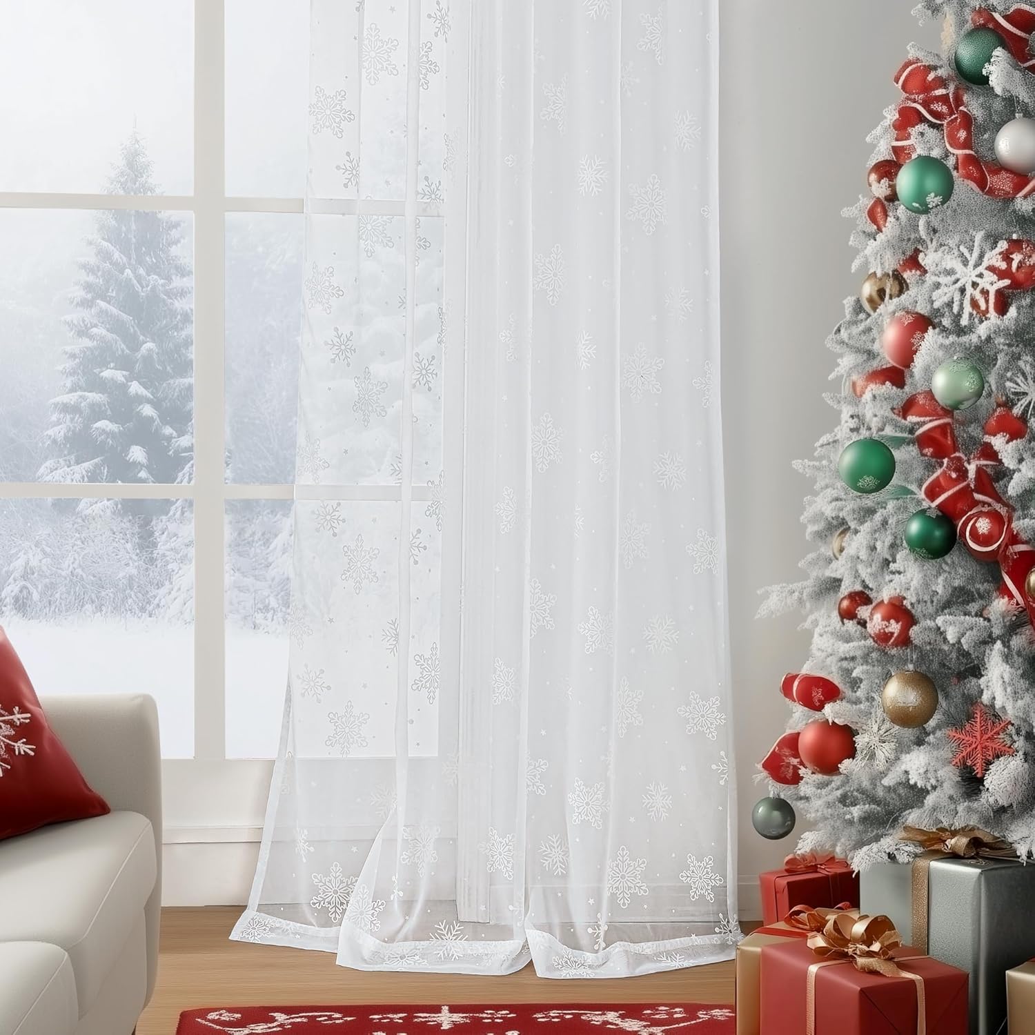 FMFUNCTEX White Sheer Snoflake Christmas Curtains for Bedroom, Snow Curtains 72 Inches Long for Living Room, Holiday Winter Window Curtains, Xmas Decor Curtain Light Filtering Rod Pocket 2 Panels Set