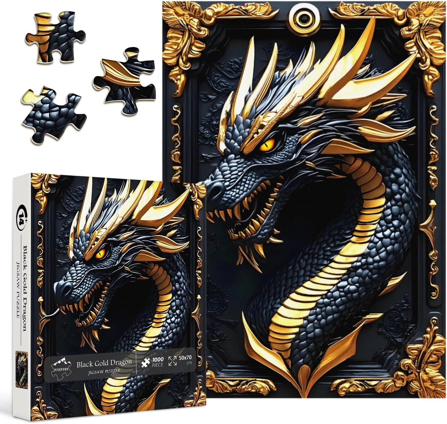 Dragon Puzzles for Adults 1000 Pieces, PICKFORU Animal Jigsaw Puzzles Black Gold, Difficult Unique Metal Relief Theme as Home Wall Art