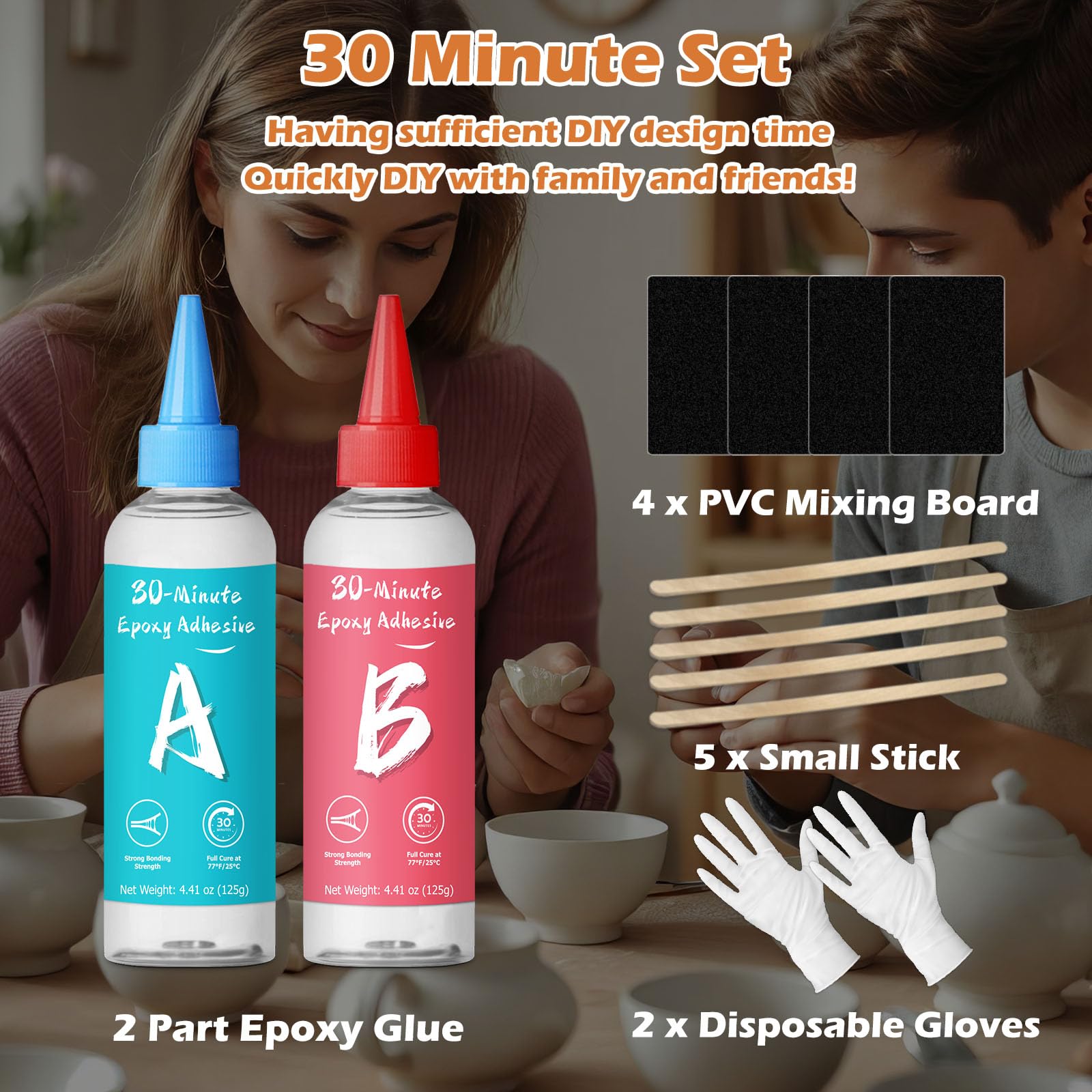Colle époxy 30 minutes 250 ml, 2 parties de colle époxy transparente à séchage lent pour réparation de céramique, porcelaine, verre, acrylique, plastique, bois, métal, pierre, etc