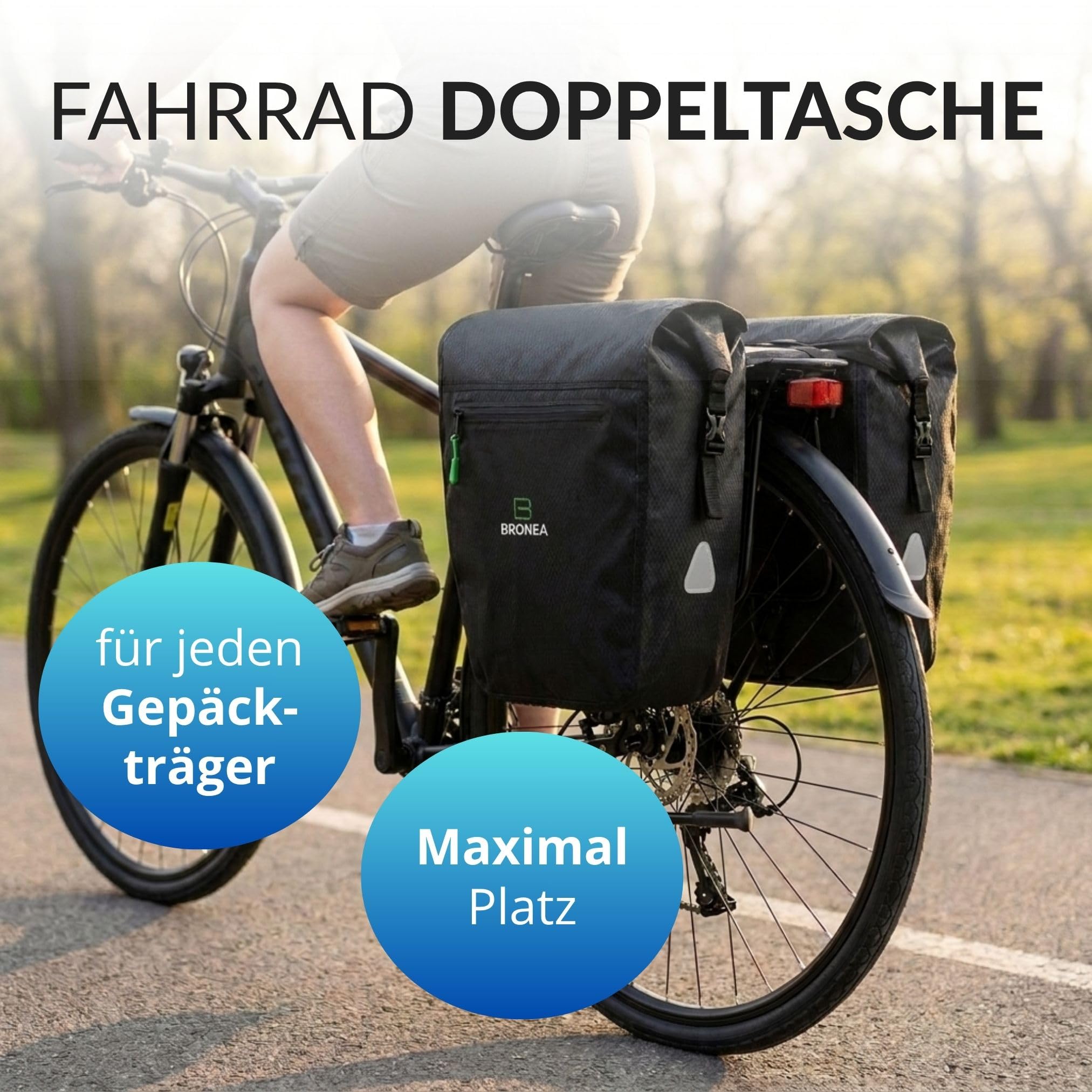 Doppel Fahrradtasche für Gepäckträger hinten, 40L (2x20L) Fahrrad Gepäckträgertasche, 100% Wasserdicht, Reflektierend, Click-System Befestigung, Fahrradtaschen für E-Bike & Fahrrad