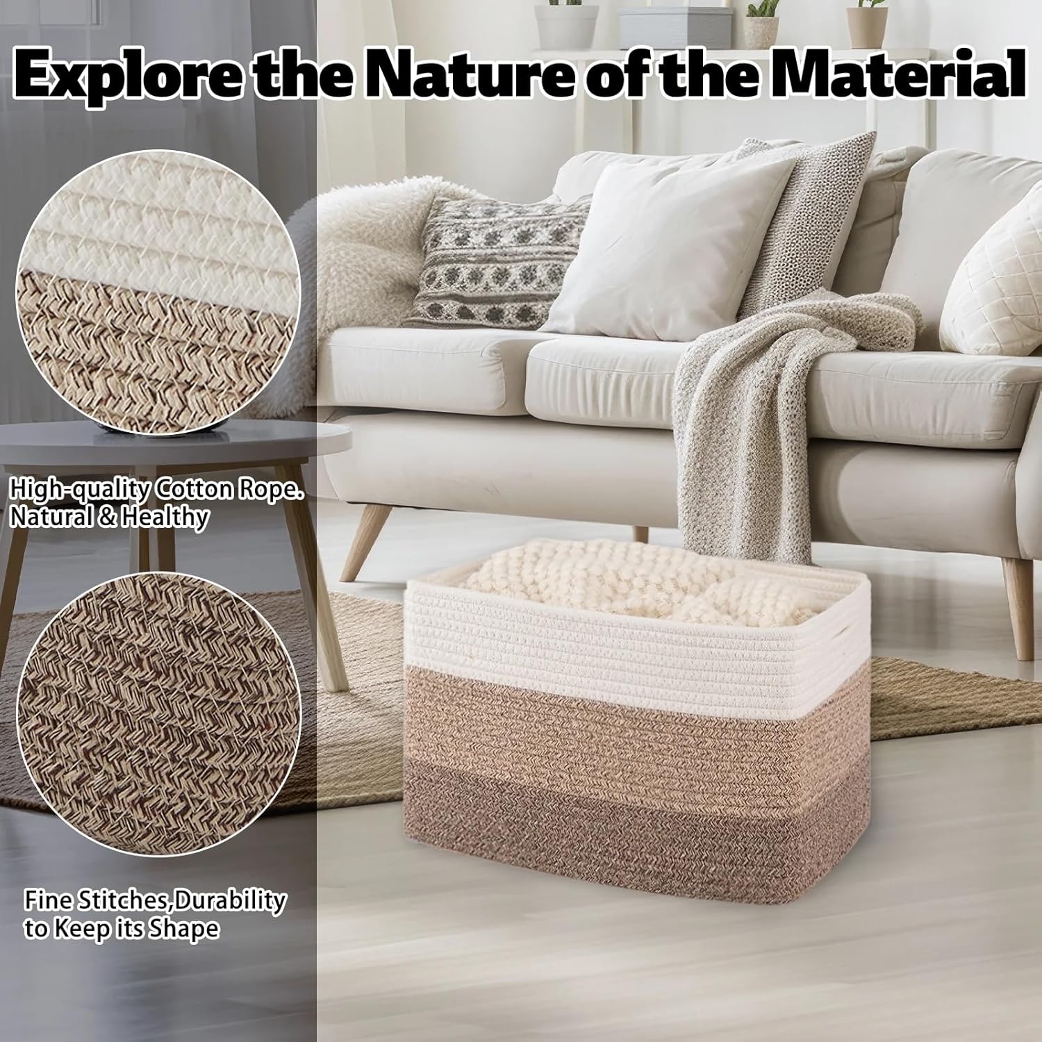 3-Piece Woven Storage Baskets, Soft Cotton Laundry Baskets with Hidden Handles, Rectangular Foldable Bins for Toys, Towels, Blankets, 14.96x9.06x9.84 Inch