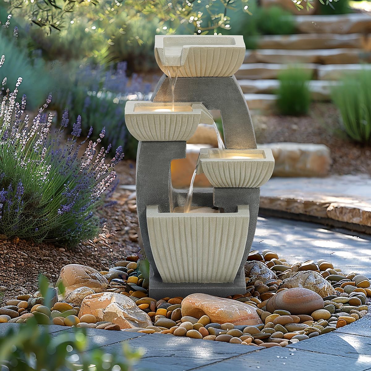 Charles Bentley Elbe 4 Tier Water Feature - Light Grey - Cascading - LED