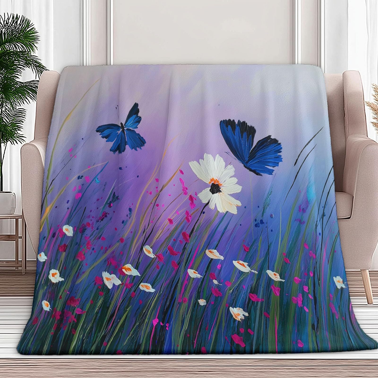 200 x 200 cm, przytulny koc w kolorze fioletowym, wiejska łąka kwiatowa, puszysty koc polarowy, koc na kanapę, puszysty koc z mikrofibry, narzuta na sofę, do sypialni, biura