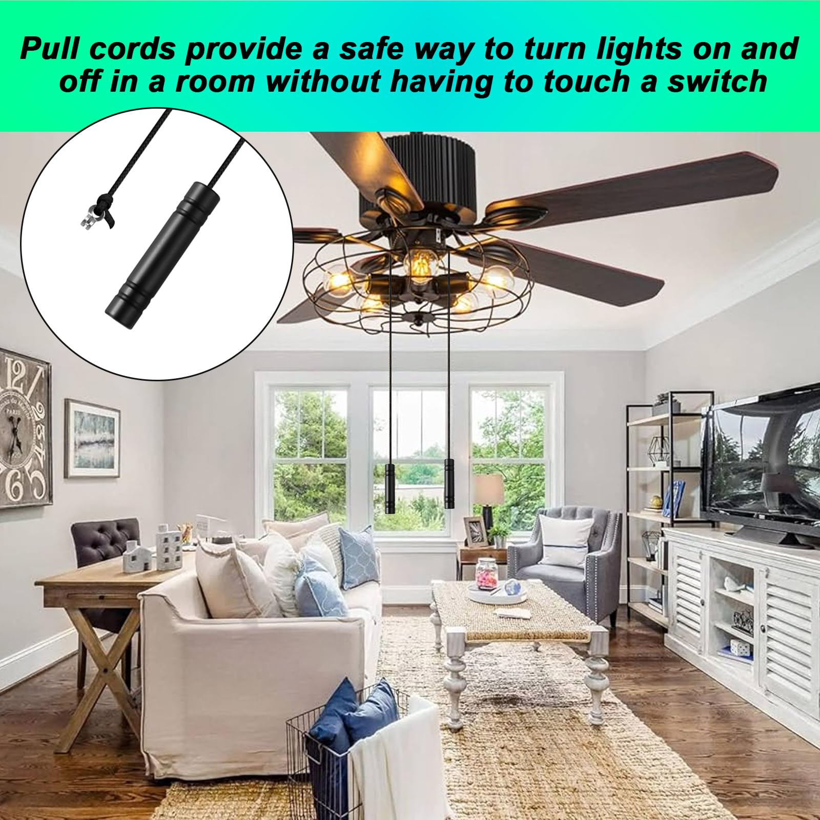TXErfolg 2PCS Bathroom Light Pull Cord 5.8 * 1.2cm Pull Cord Handle with 150cm Light Pull Cord Extension Black Cylindrical Pull Cord Light String Handle Connector for Toilet Ceiling Lights Fan Switch - Image 4