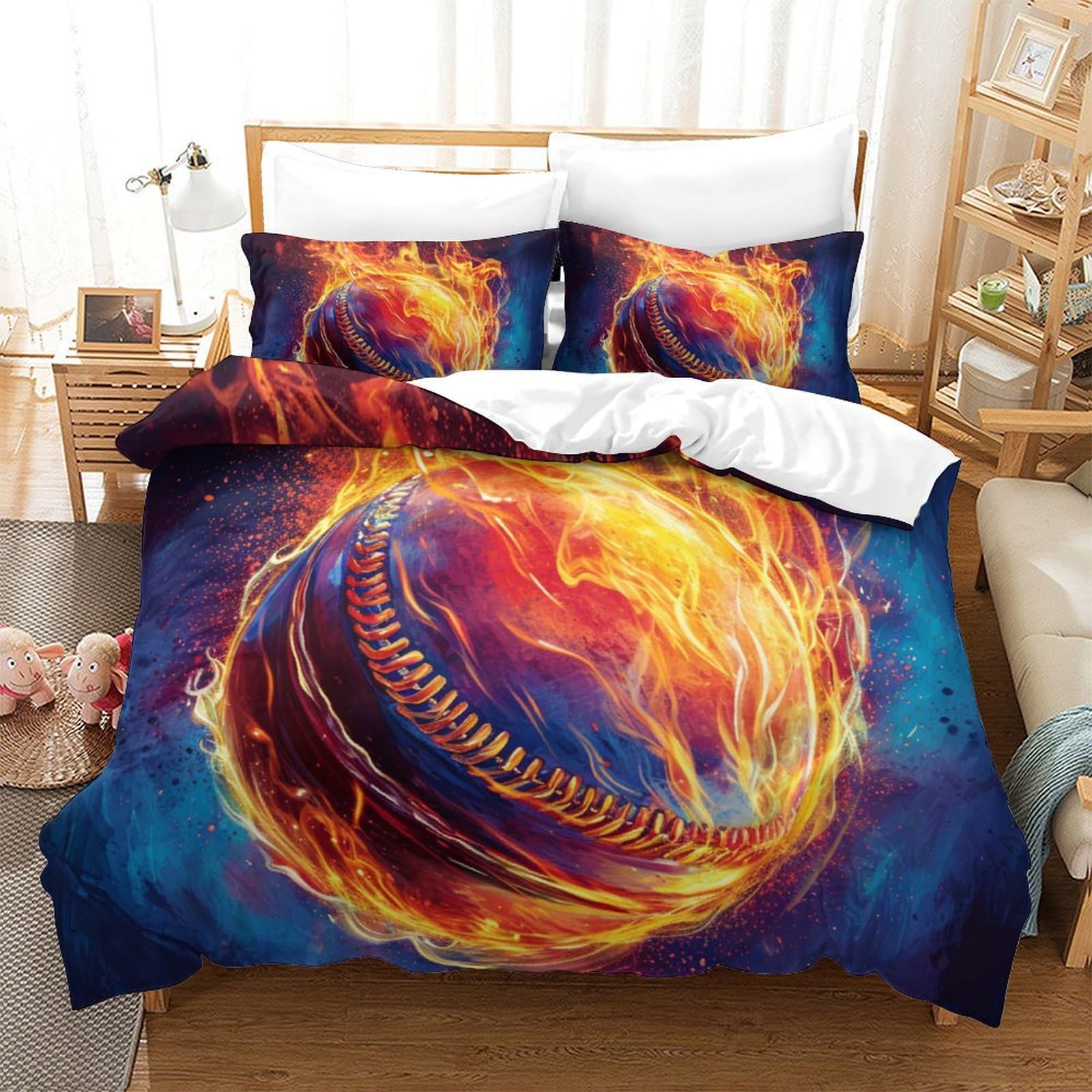 Parure de lit baseball 3D Super King 260x220 cm avec housse de couette et taies d'oreiller