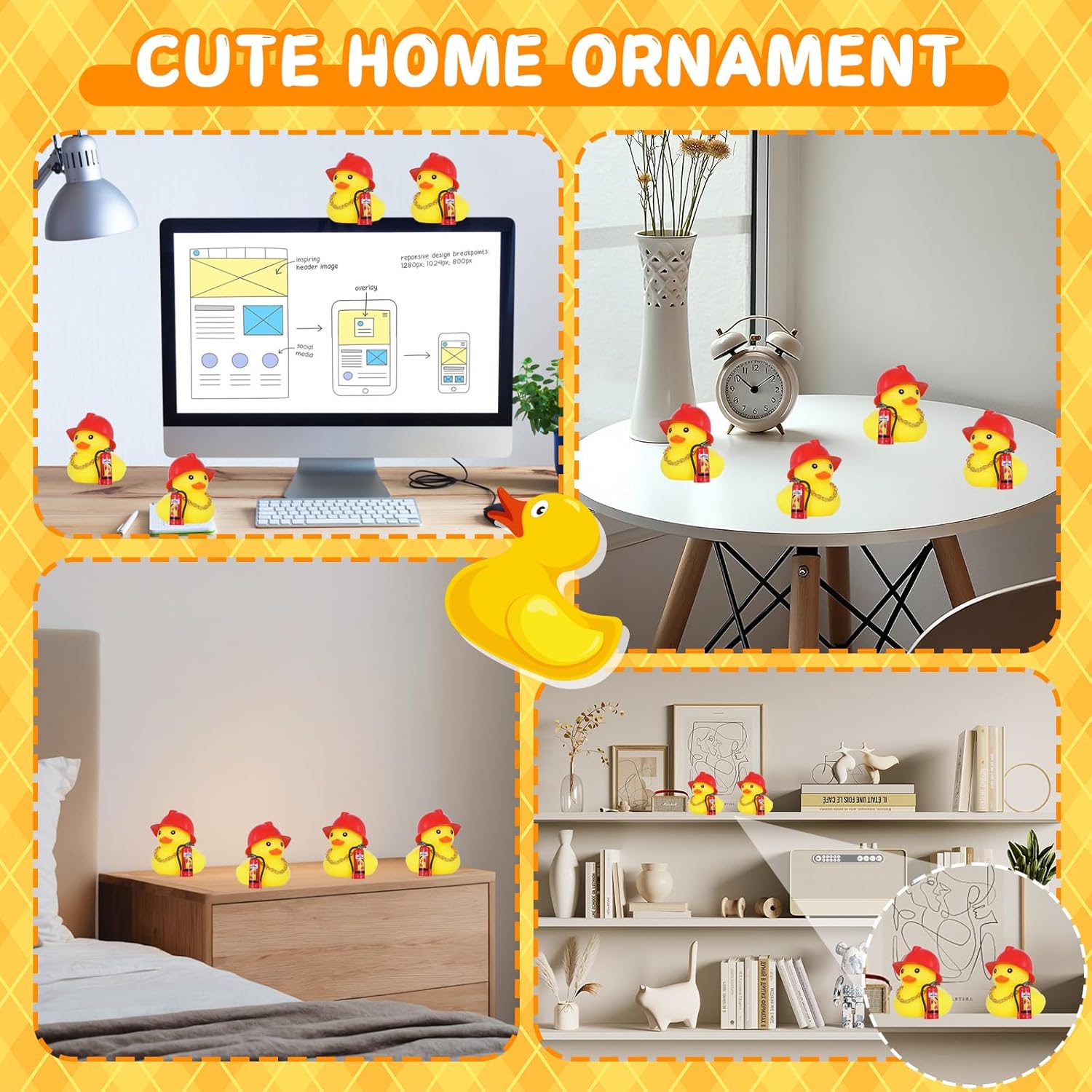 2 Pack Firefighter Rubber Duck Car Dashboard Decor with Fire Helmet, Gold Necklace & Fire Extinguisher, Squeaky Sound DIY Ornament for Auto Interior, Home Office Decoration