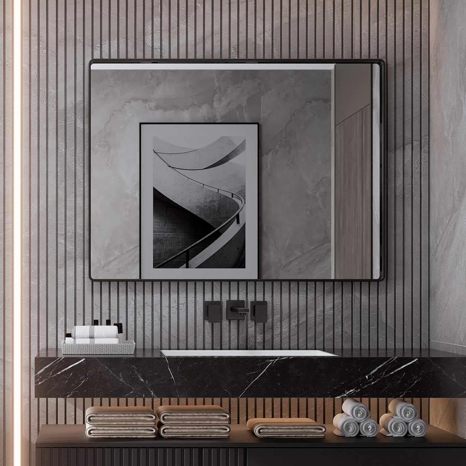 ISKM Espejo de baño negro para pared con marco negro mate, colgante horizontal o vertical, 40 x 32 pulgadas