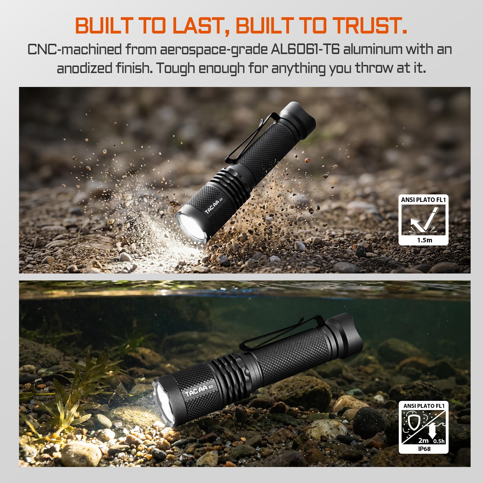 TAC AA 2.0 Lampe de poche tactique EDC AA, 1000 lumens, 280 m, ultra longue portée