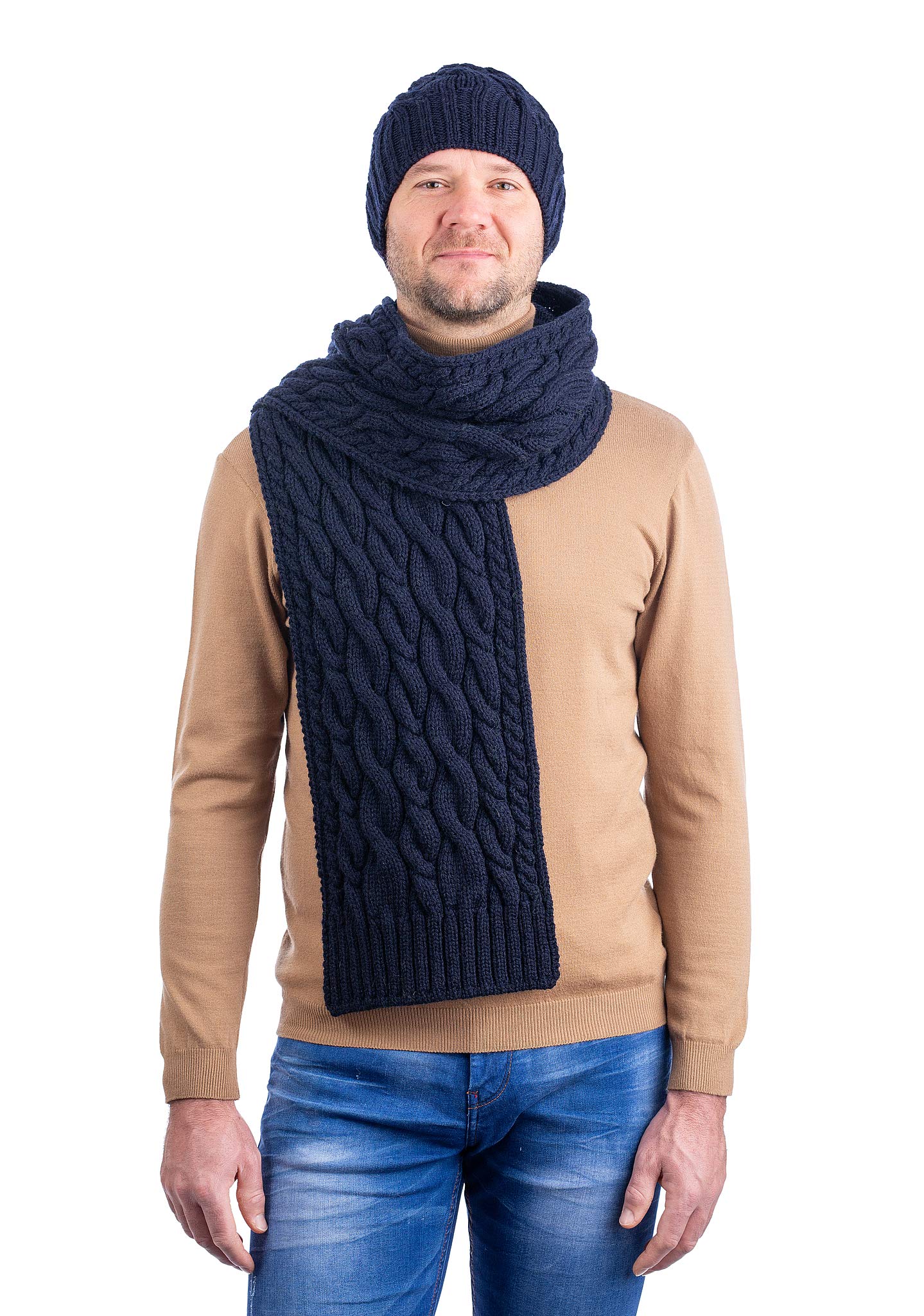SAOL 100% lana merino, berretto da uomo, in maglia a treccia, colore naturale, carbone, blu marino, verde