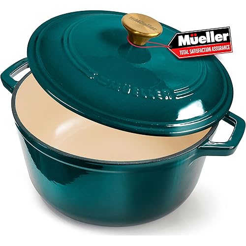 Mueller DuraCast 6 Quart Enameled Cast Iron Dutch Oven Pot with Lid, Heavy-Duty, Oven Safe up to 500° F & Across All Cooktops, Wedding Registry Ideas & Gifts, Emerald