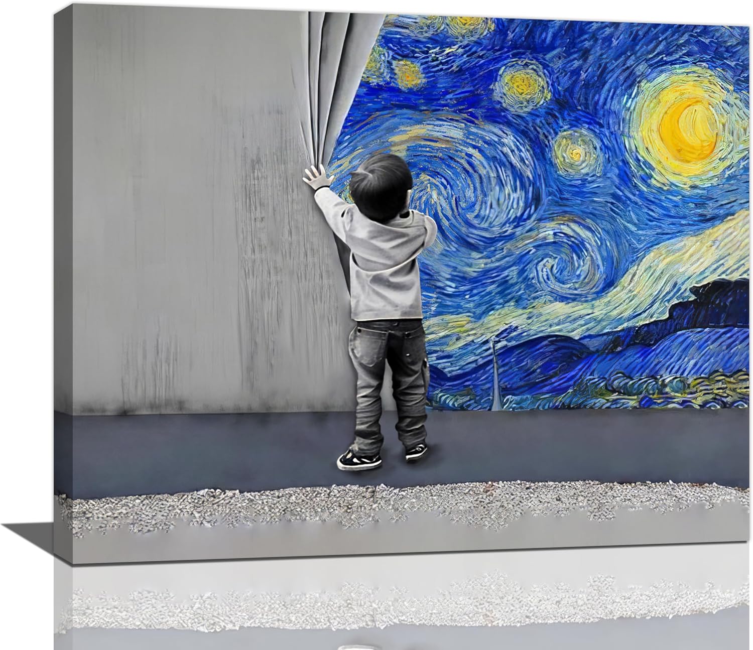 xiilo Banksy Wall Art Boys Starry Night Street Graffiti Pictures Wall Decor Kids Canvas Painting Pop Home Modern Artwork Decorations Framed for Living Room Bedroom Bathroom Office 20 x 16 inch