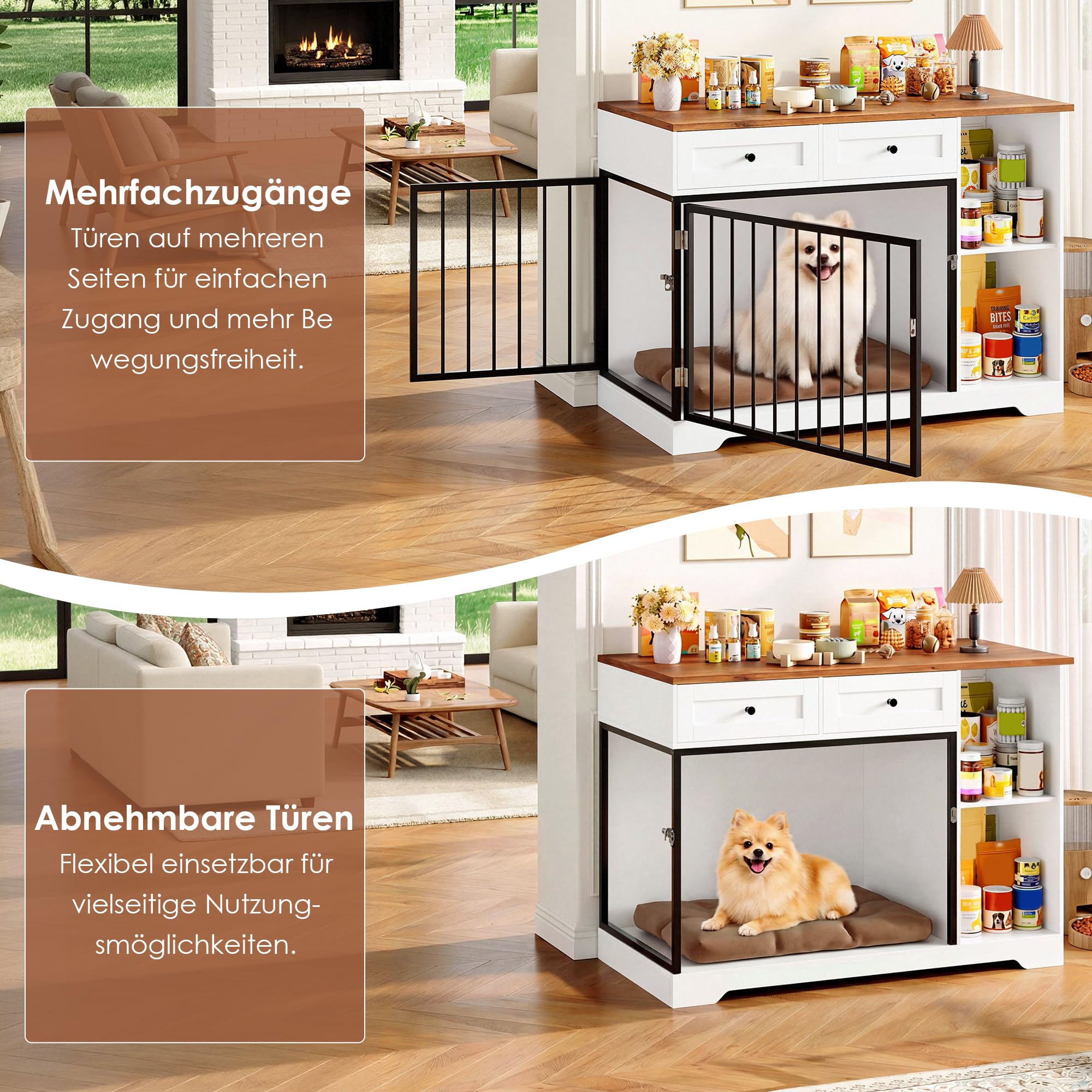 FirFurd Hundebox für kleine Hunde Hundekäfig Möbel mit Schubladen & 2 Türen | Hundebox für Zuhause, Hundekäfig aus Metall und Holz, Hundehütte Indoor, Hundehaus, Tierhaus, 120x87x60cm, Weiß & Braun
