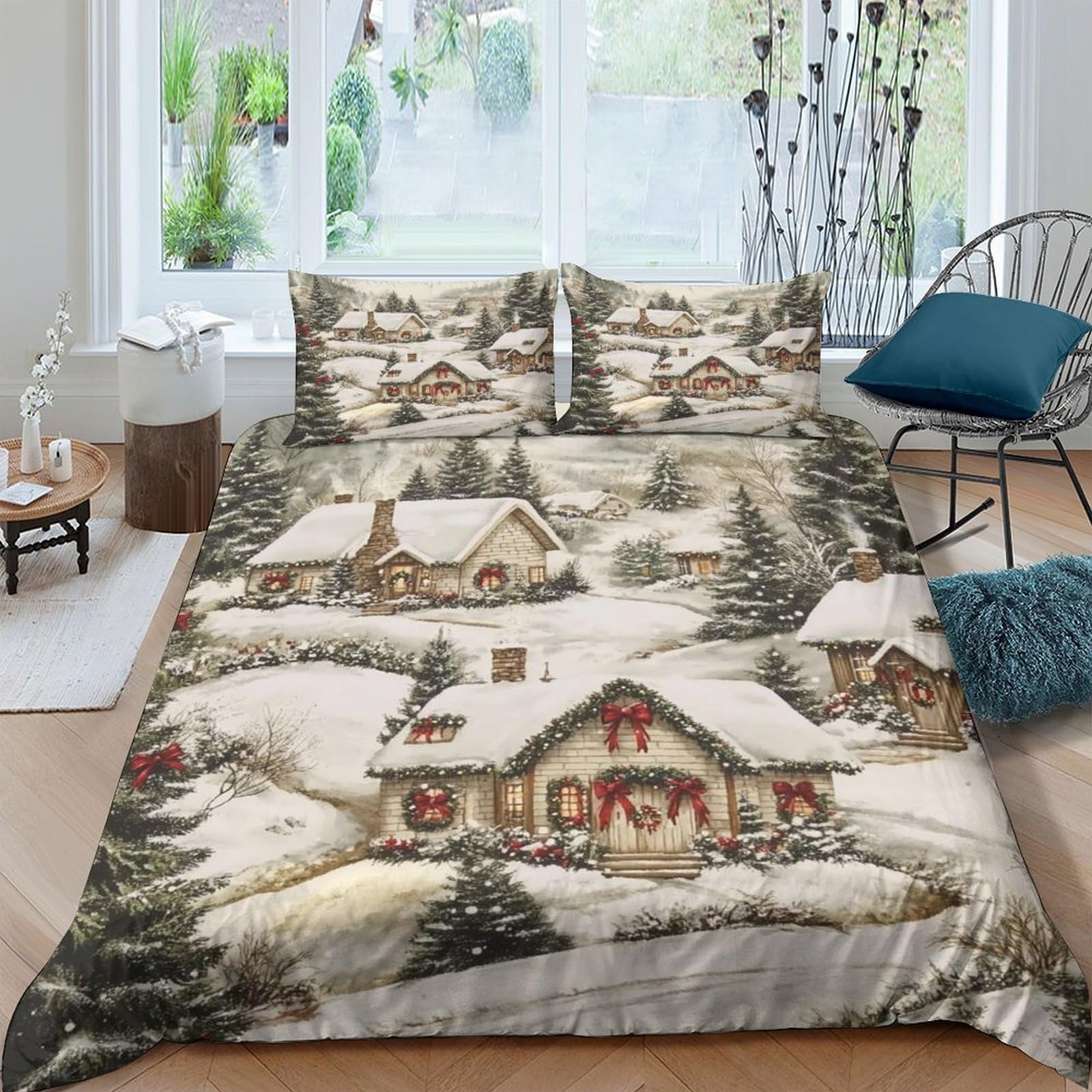 Ctjqhvkz Style-2 3D Printed Winter Cabin Fitted Sheet Microfiber Non Slip Snow Village Mattress Cover For Bedroom Guest Room Decor, Washable Single（135X200cm）