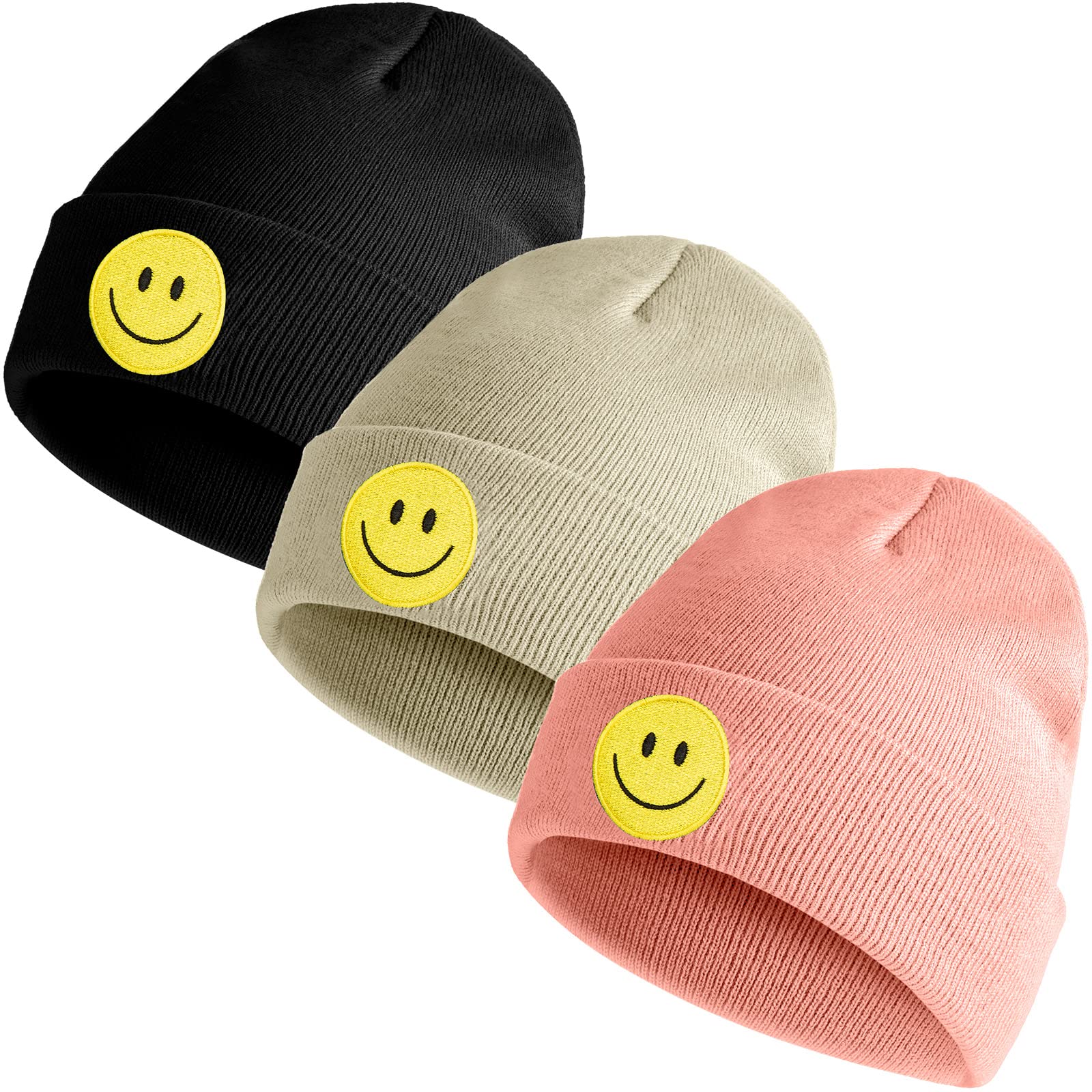 Foaincore3 Pack Winter Embroidered Beanie Hats for Women Men Knit Cuffed Smile Face Beanie Stretchable Skull Cap