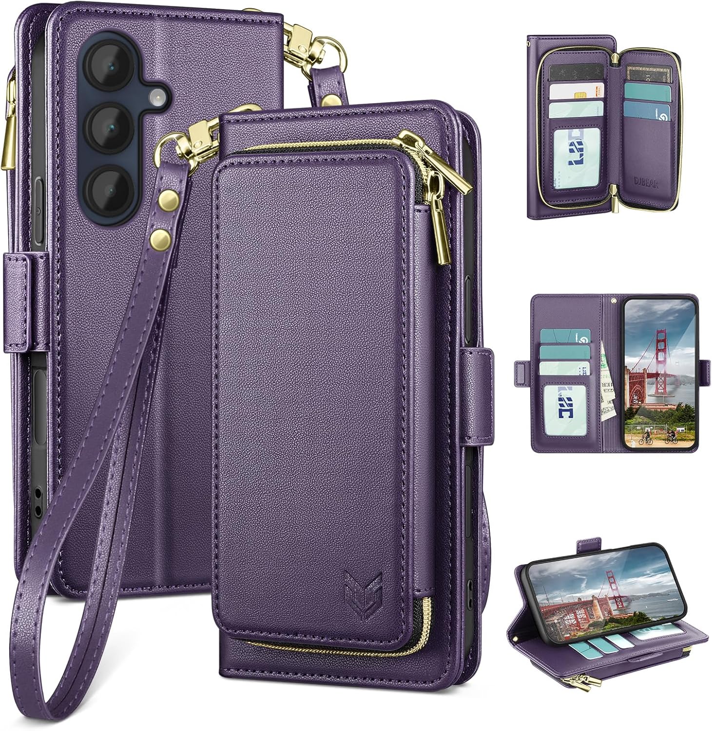 DJBEAR for Samsung Galaxy A16 5G Wallet Case for Men & Women, All-in-One Flip Folio Cover with 9 Card Slots, Zipper Pocket, Detachable Wrist Strap, Full Body Protection for Samsung A16 Dark Purple