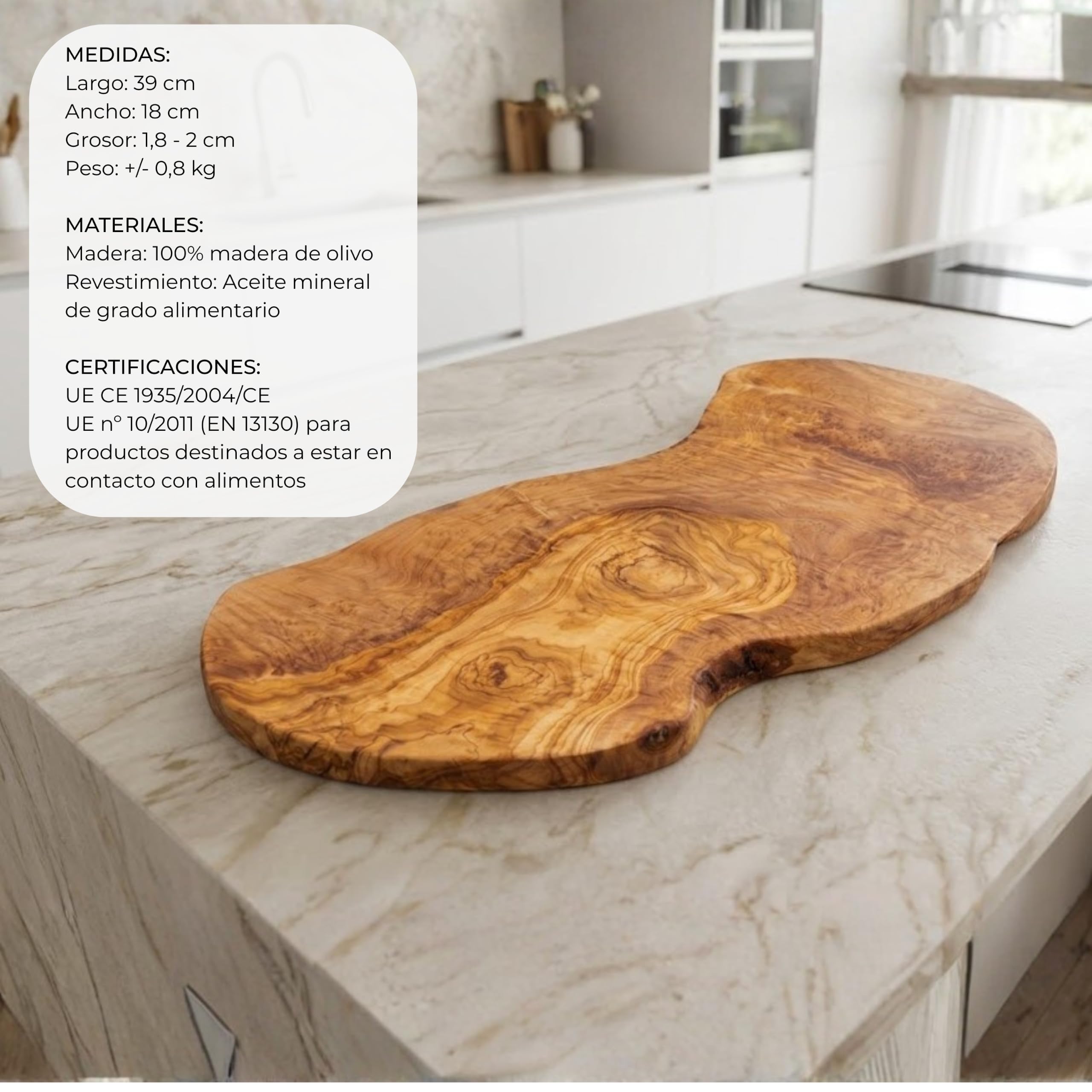 Erreke Tabla de Madera de Olivo Natural para Cortar y Servir, 51 x 26 cm | Tabla Madera Cocina. Reversible y Artesanal. Grande para Servir y Picar Quesos Embutidos Carne Pan. Para Cocina y Mesa