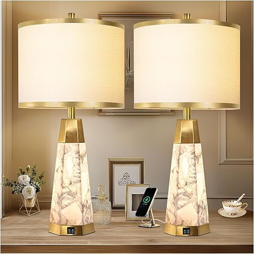 Miniatura 7 de Lámparas de mesa de alabastro natural de 27 pulgadas para sala de estar, dormitorio, juego de 2 con luz nocturna, lámparas de sala con puertos USB