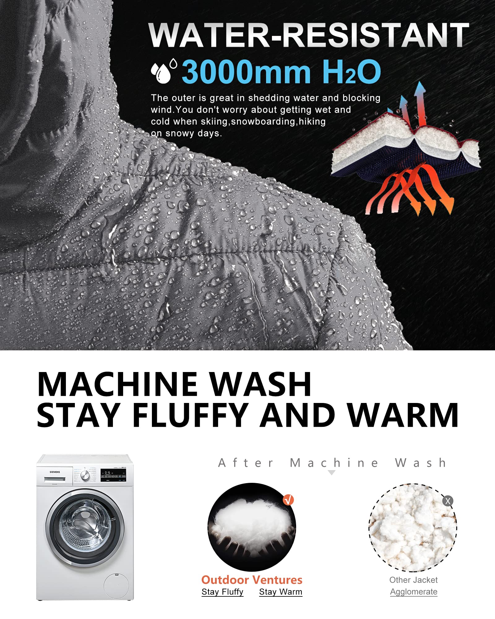 Outdoor Ventures Herren-Pufferjacke Leichte Wasserdichte Kapuzenjacke Isolierter Puffmantel Verstaubare Winterjacke für Herren mit Taschen Zum Wandern Camping Reisen