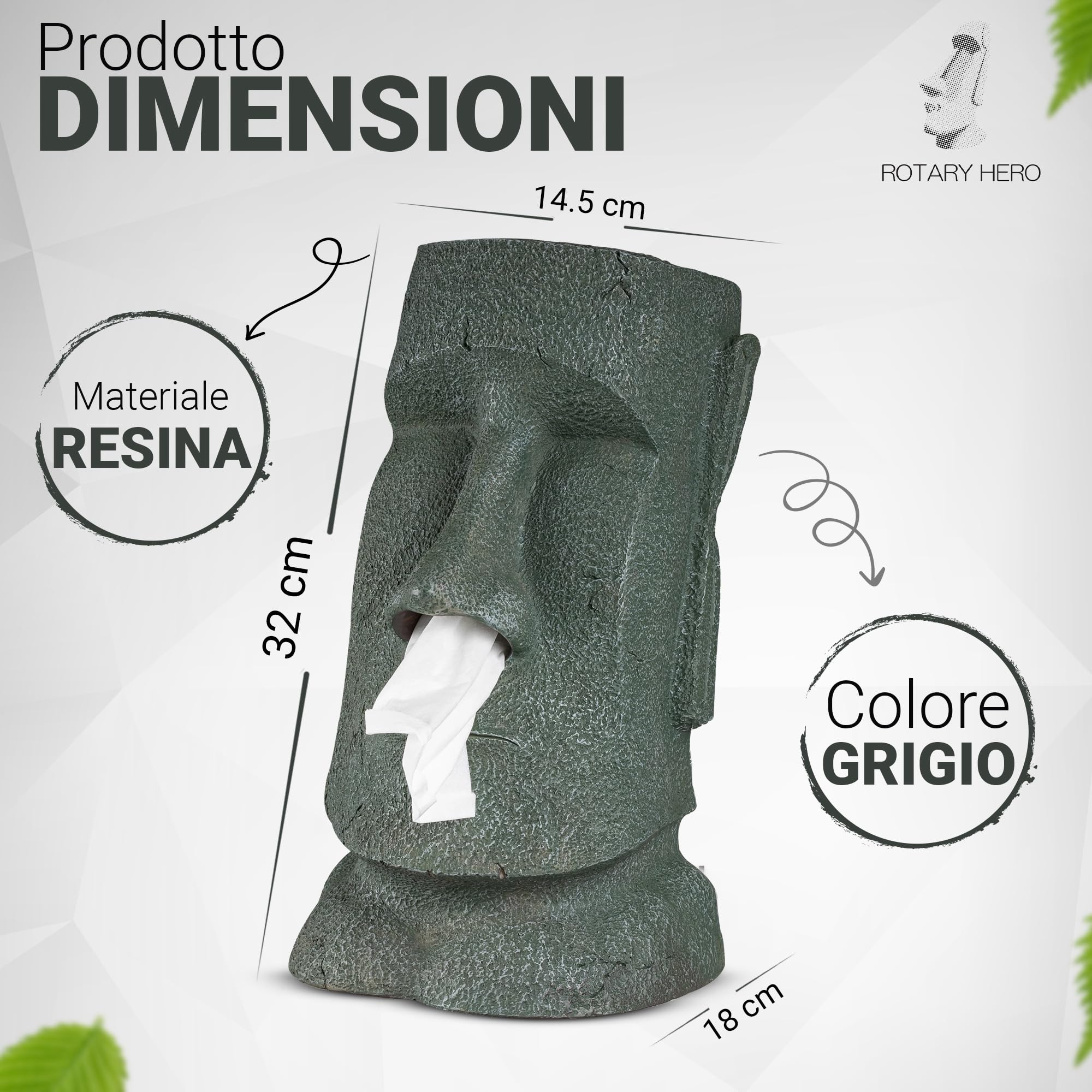 Rotary Hero Moai Dispenser di fazzoletti - Scatola per fazzoletti con figura Moai facciale - Porta fazzoletti decorativo per la casa - 18 x 14,5 x 32 cm