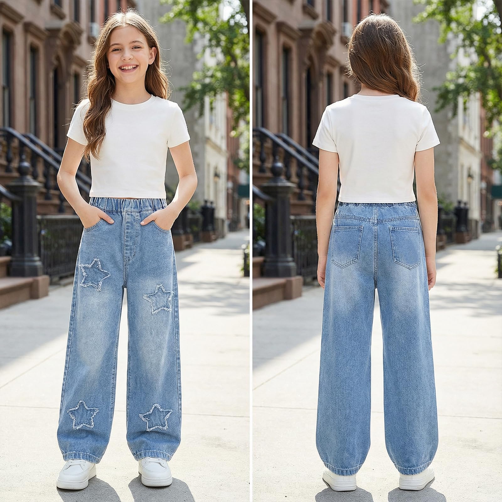 Vaqueros Baggy Jeans para Niñas Holgados Denim Pantalones con Cintura Elástica y Bolsillos Largos Stretch Azul Denim Jeans Moda Casual Pierna Ancha Streetwear Pants para Infantil 7-15 Años