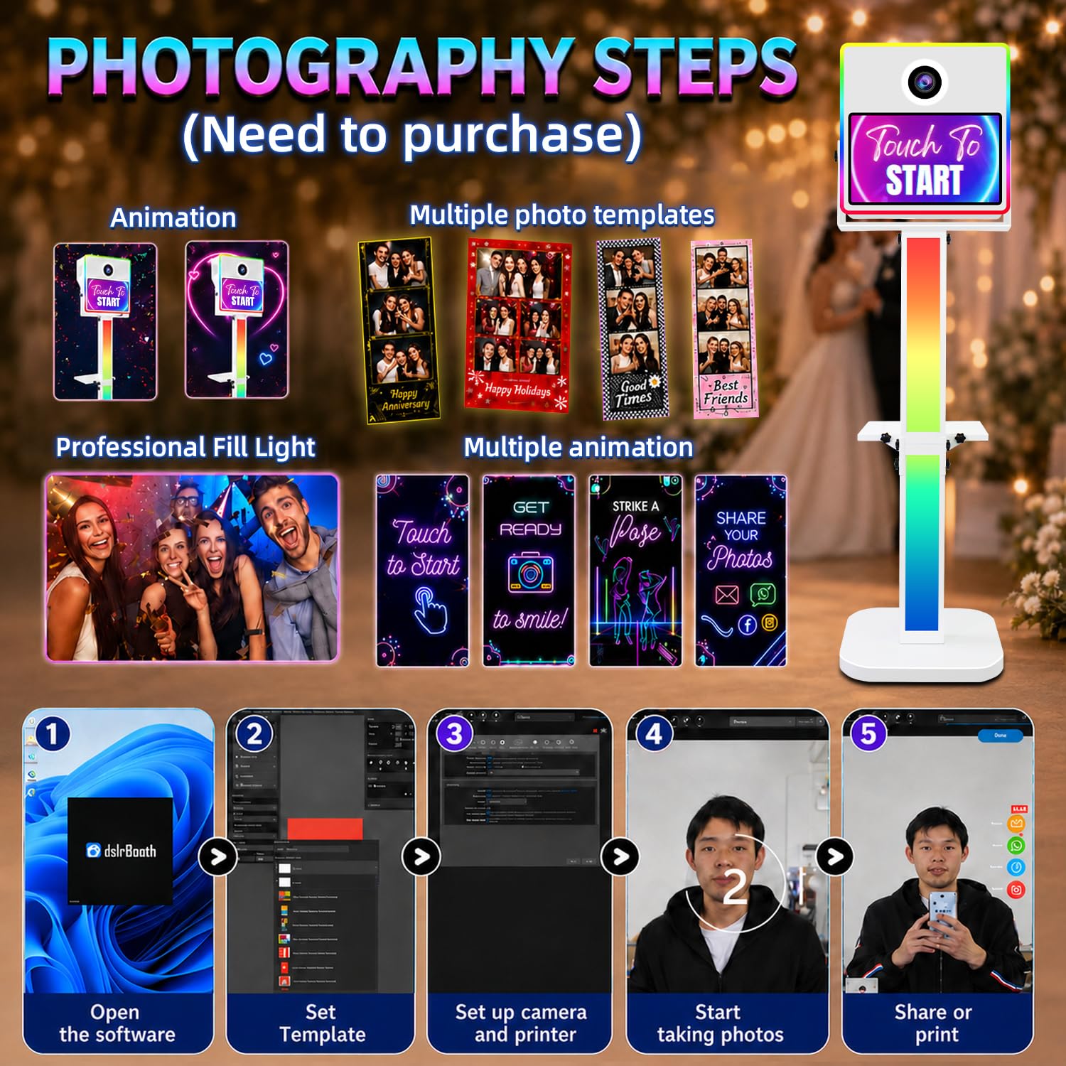Macchina fotografica DSLR, fotobooth istantaneo, touchscreen da 15,6", mini PC integrato per selfie e feste di nozze (bianco, cabina fotografica + fotocamera) | Stampa istantanea e condivisione di foto, sincronizzazione musicale, luce RGB