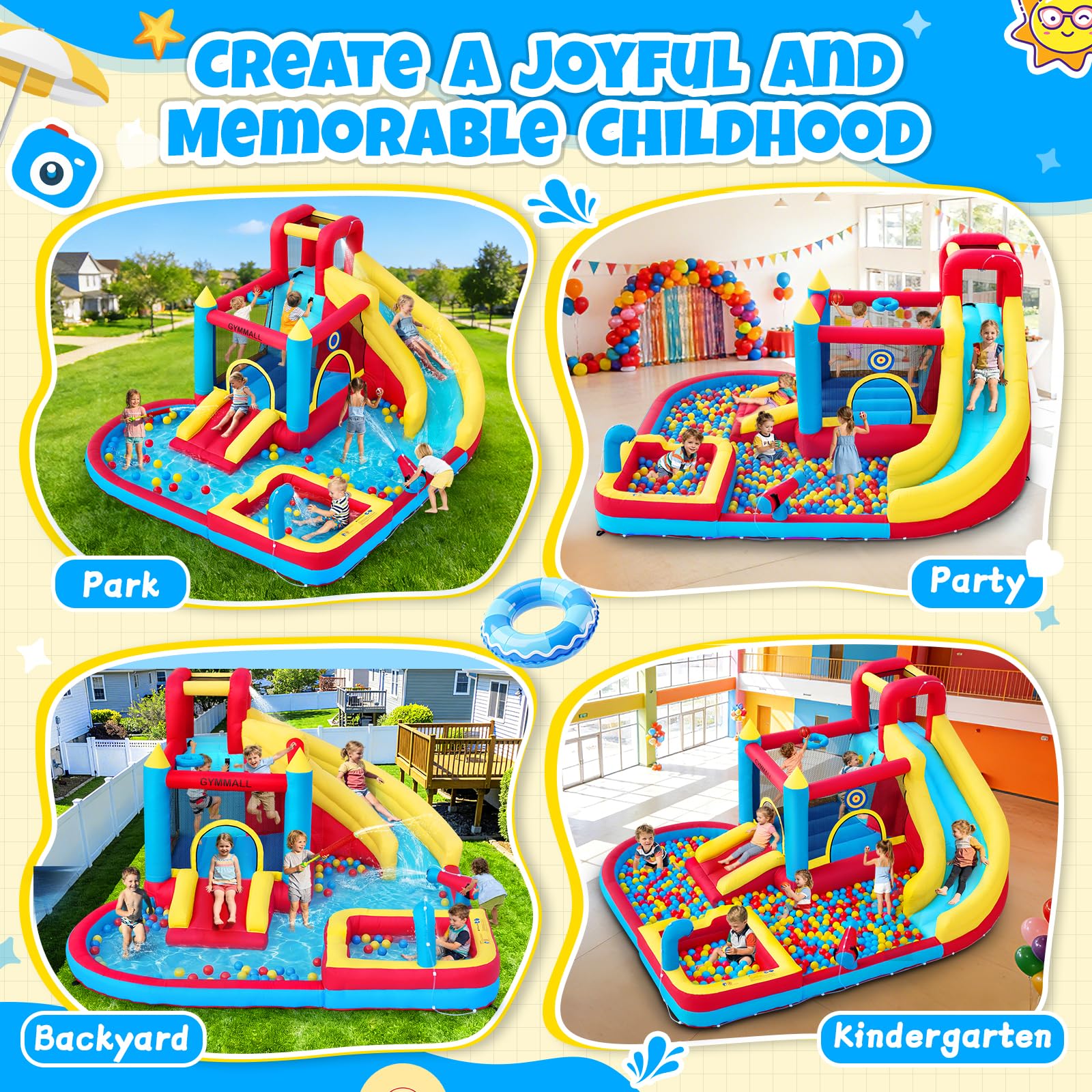 Castillo Hinchable para Niños, 8 en 1 con Soplador 480W, Tobogán Largo, Pared de Escalada, Trampolín y Zona de Chapoteo, Ideal para Uso Interior y Exterior en Vacaciones