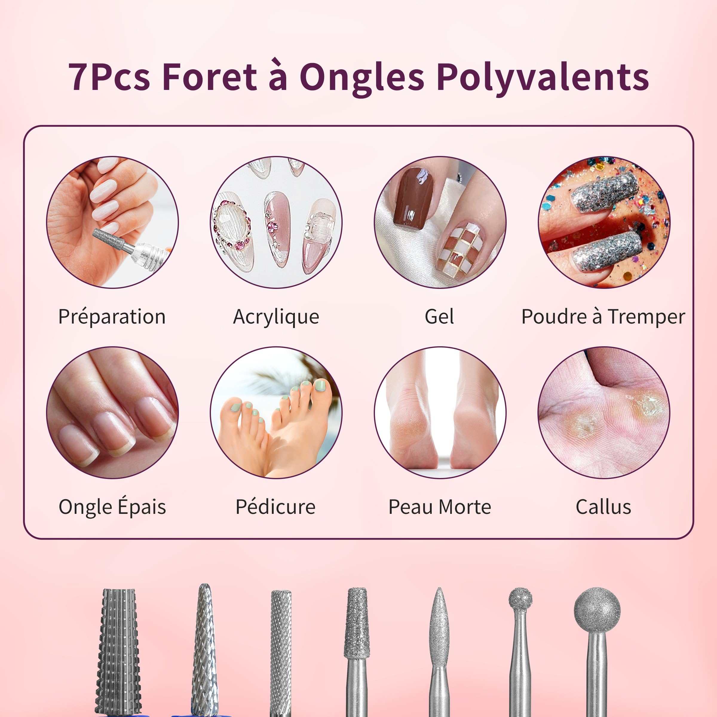 Delanie 7Pcs Embout Ponceuse Ongles 3/32 en Carbure de Tungstène & Diamant, Foret a Ongles Outils Professionnel pour Éliminer Gel Acrylique Cuticule