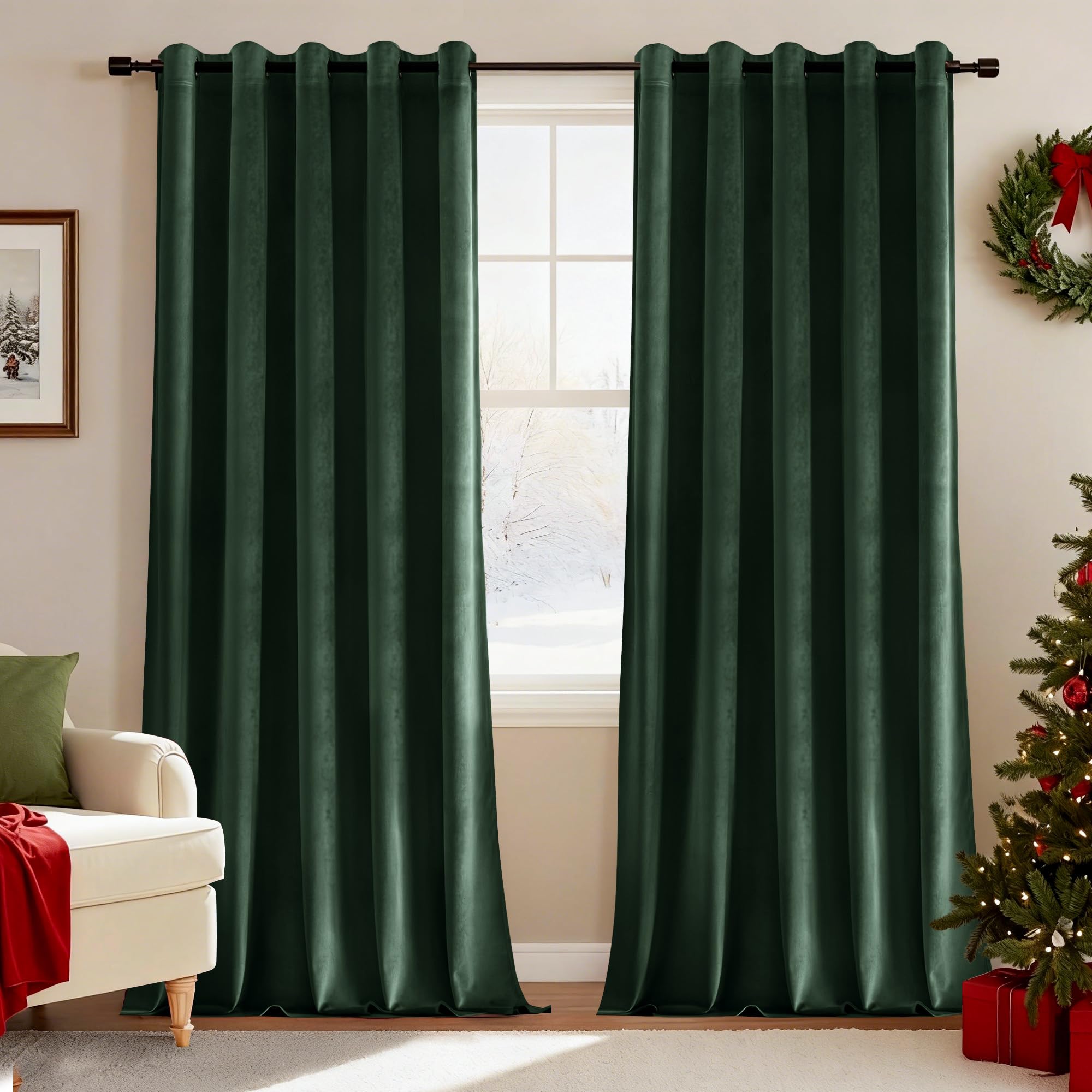 Deconovo Christmas Velvet Curtains Extra Wide Soft Blackout Curtains Eyelet Thermal Insulated Elegent Room Darkening Drapes for Bedroom 66 x 90 Inch Dark Green One Pair
