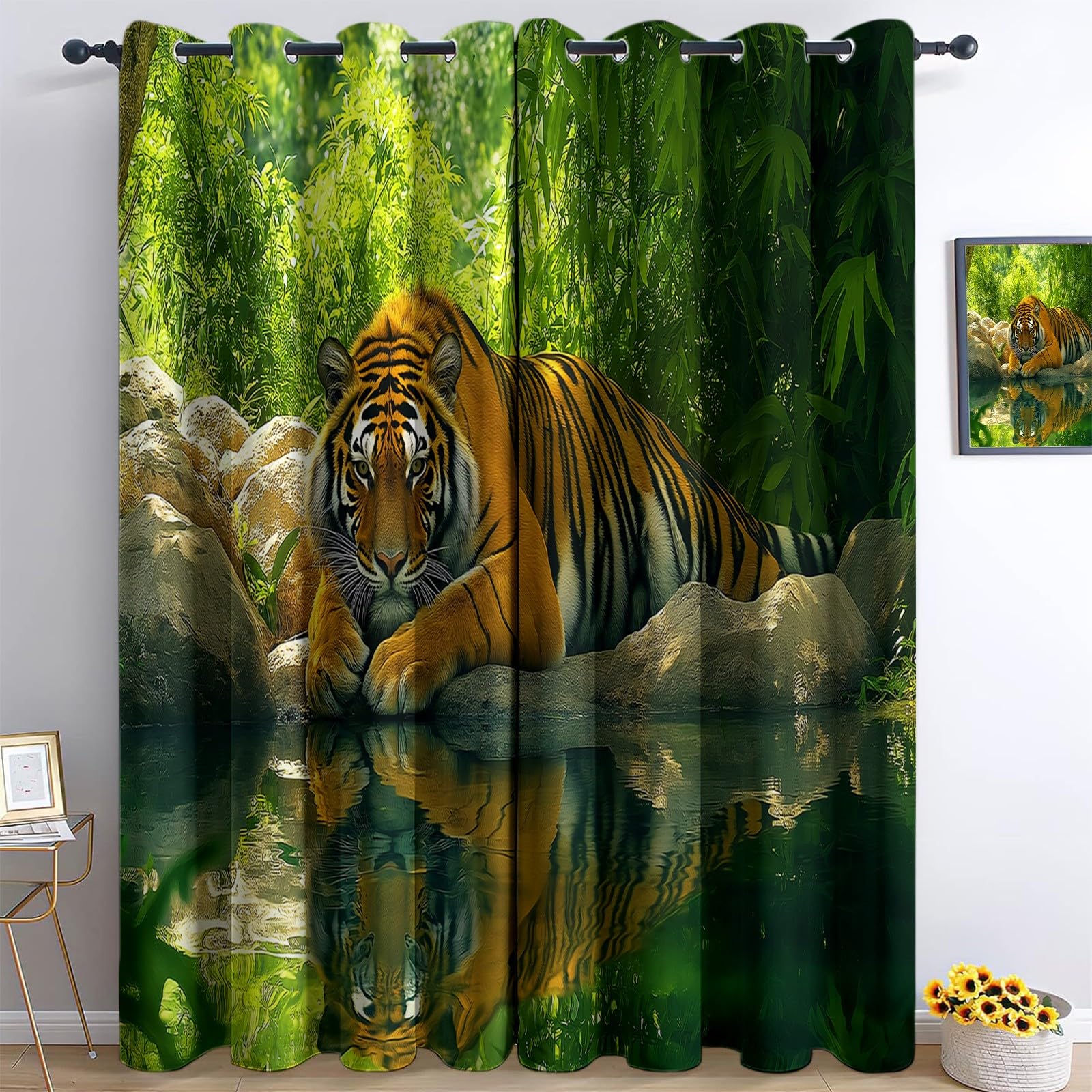 2 panele Zasłony zaciemniające 110 x 215 cm, tygrysie lasy z nadrukiem z oczkami dla dziewczynek chłopców do salonu, dekoracja sypialni, miękka i odporna na zmarszczki, zielona