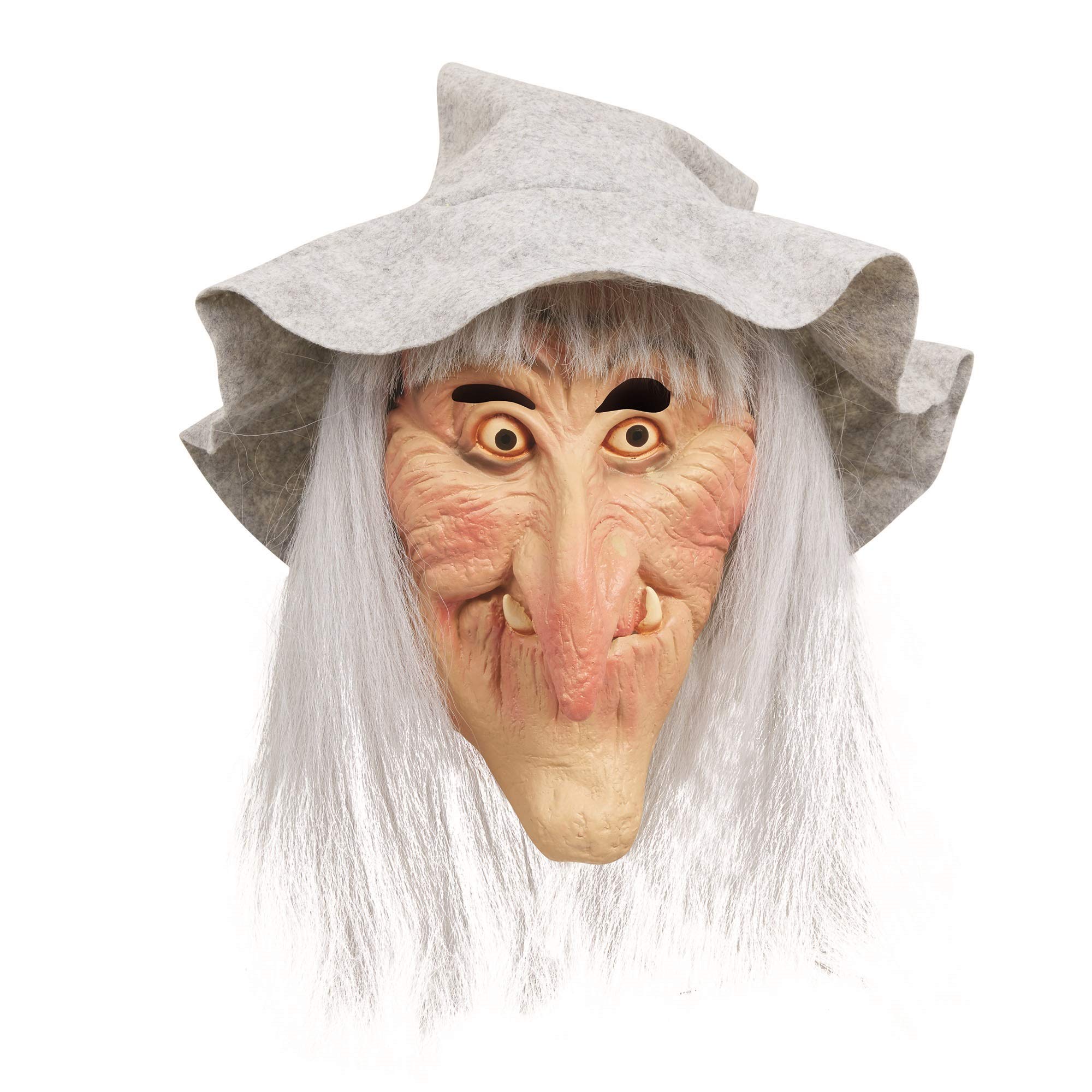Witch Grey Latex Mask With Hair Hat Halloween Scary Fancy Dress Adults
