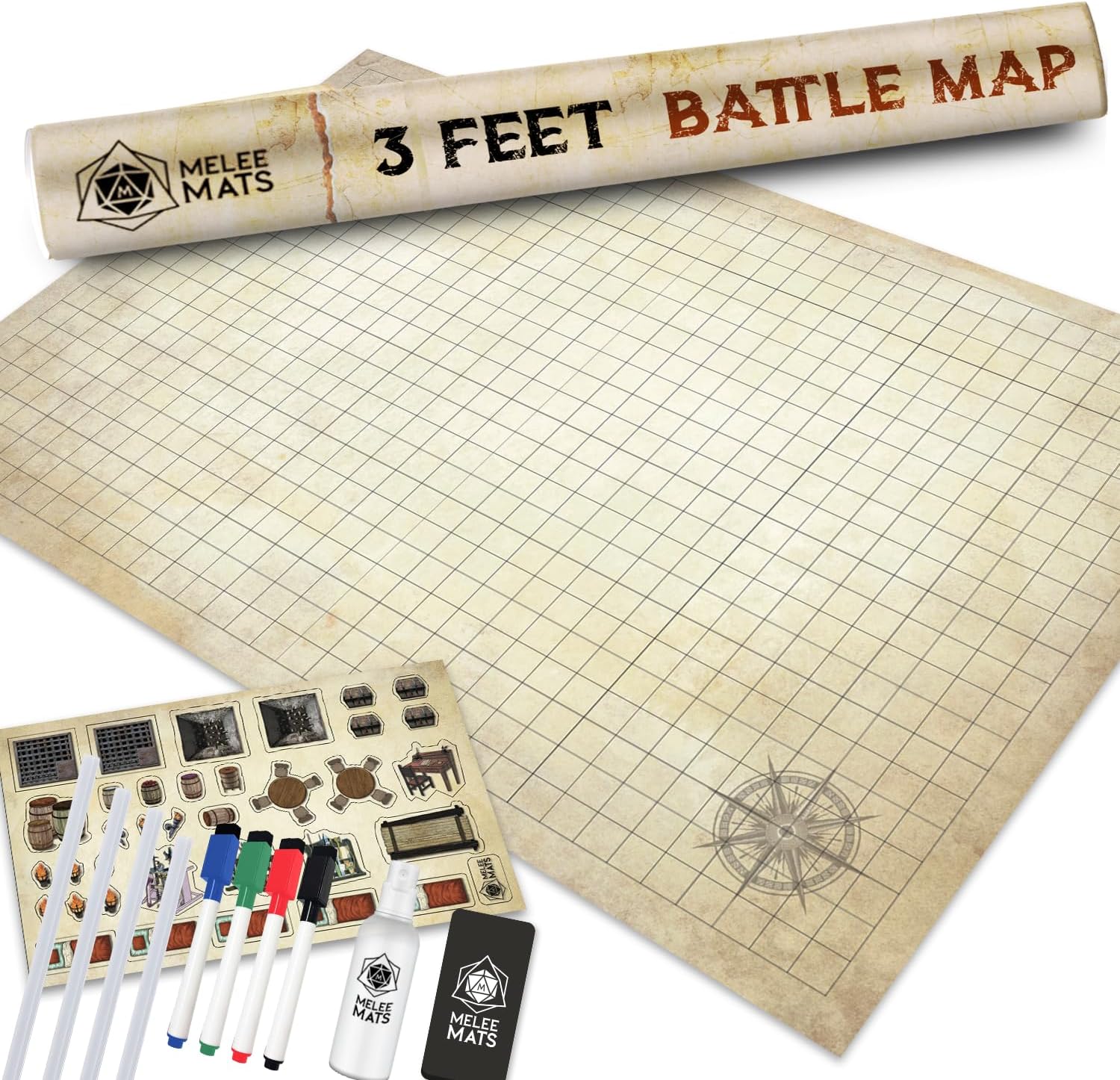 Melee Mats DND Map Starter Set - 24” x 36", Wet & Dry Erase Battle Terrain Grid for Dungeons and Dragons - Ultimate Tabletop Gaming Experience with Accessories