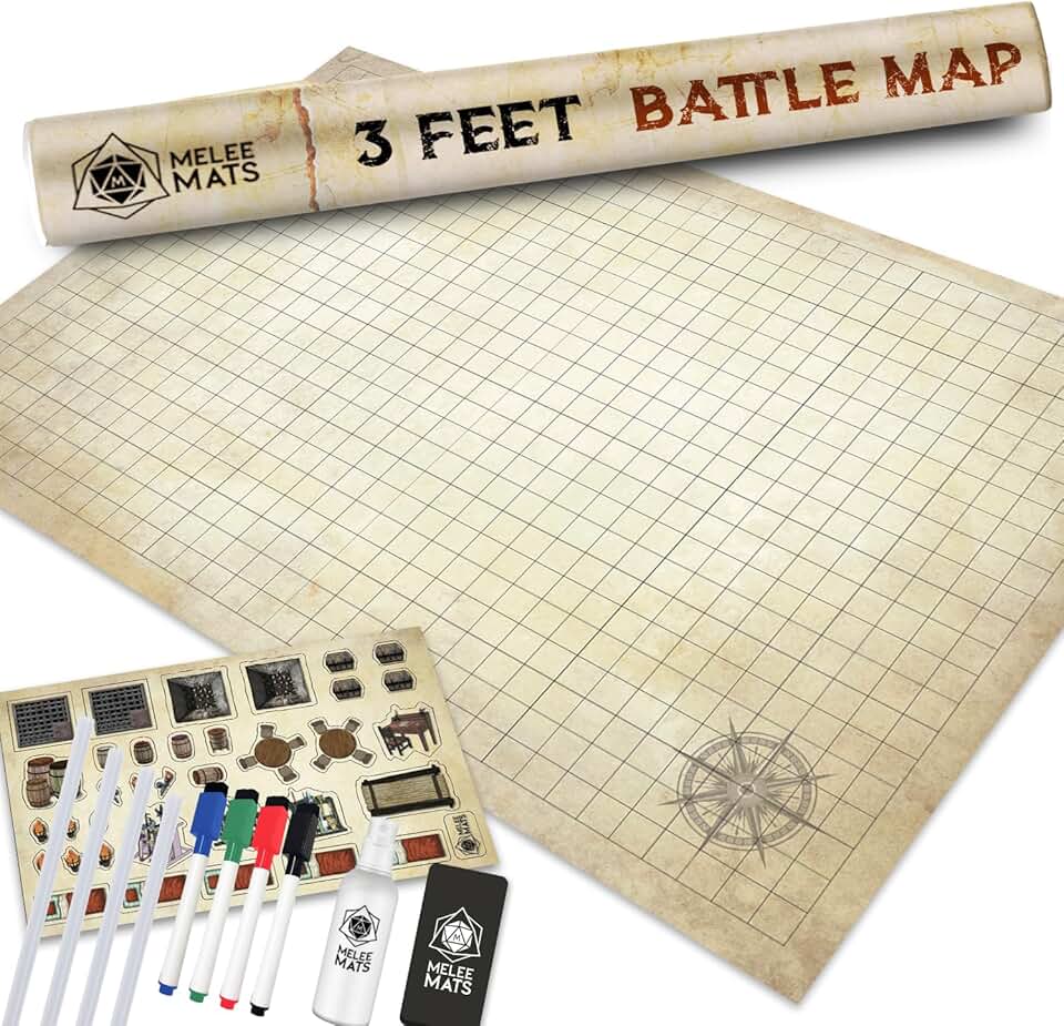 Melee Mats DND Map Starter Set - 24” x 36", Wet &amp; Dry Erase Battle Terrain Grid for Dungeons and Dragons - Ultimate Tabletop Gaming Experience with Accessories