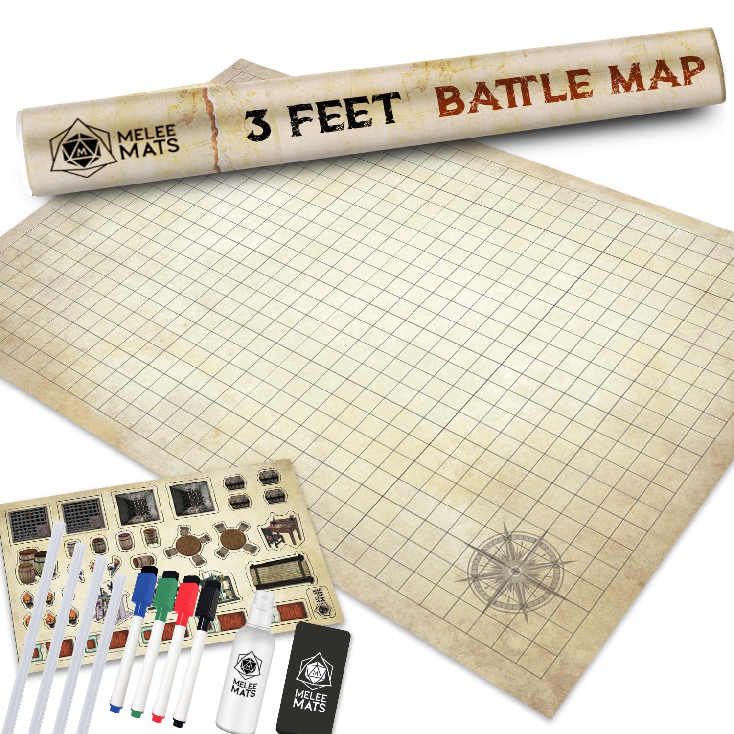 Battle Grid Game Mat - 24x36 ULTRA DURABLE POLYMER MATERIAL - Role Playing DnD Map - Reusable Tabletop Square Mats - RPG Dungeons and Dragons Dry Erase Vinyl Tiles - Large Set for Starters and Masters