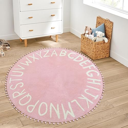 Miniatura 3 de Alfombra redonda rosa para dormitorio de niñas, 47 x 47 pulgadas, alfombra lavable ABC para guardería, alfombras para niños pequeños con pompones y