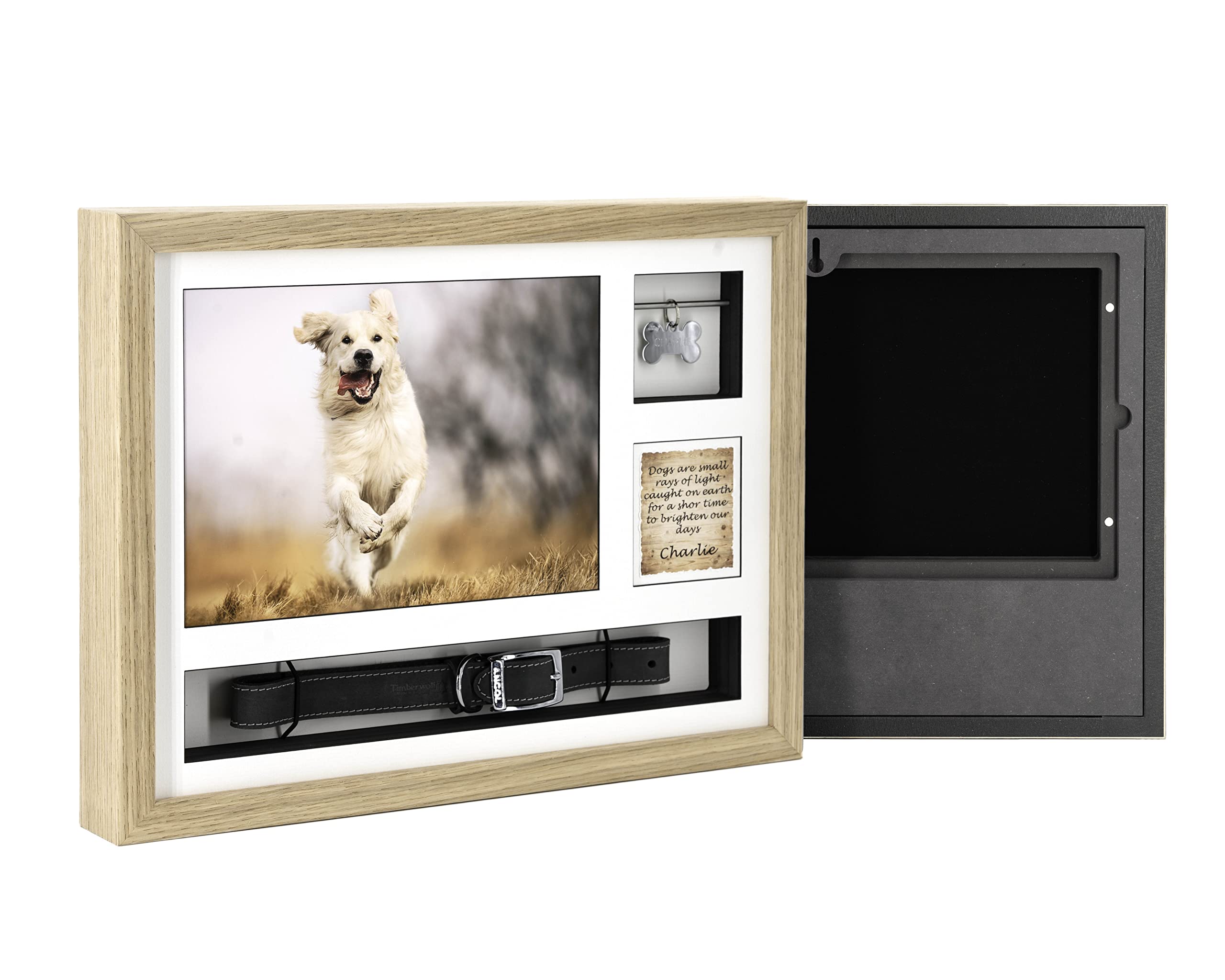 Solid Wood Pet Ashes Photo Frame Urn 16x12 – Displays Photos, Collar and Tag (Natural Oak, With Optical Glass)