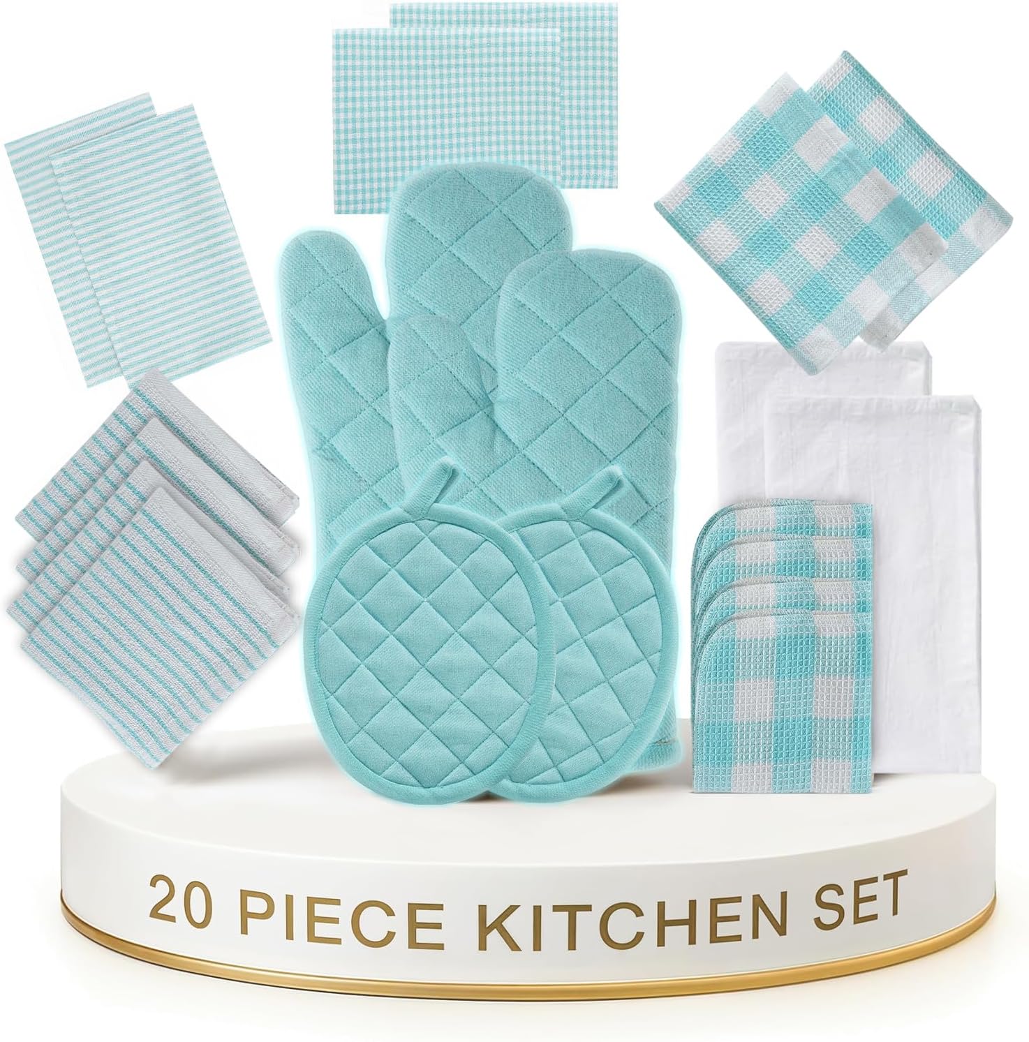 LANE LINEN Kitchen Towels and Dishcloths Sets - 20Pc Kitchen Towel Set, 350 Degree Heat Resistant Oven Mitts & Pot Holder, Reusable Absorbent Dish Cloths for Washing Dishes - Aqua