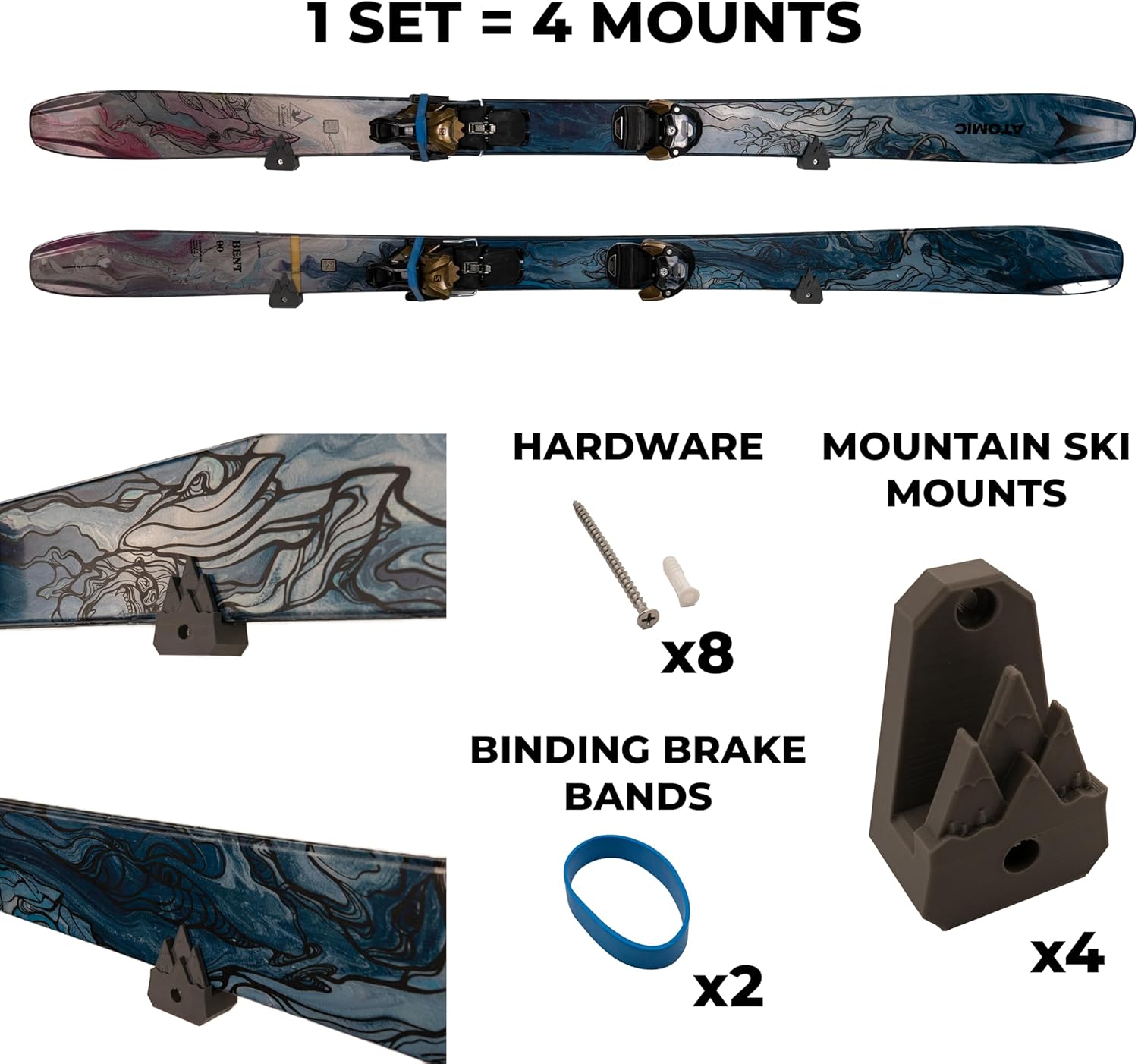 Horizontal Wall Ski Holder – Space-Saving Ski Wall Mount for Garage & Home Storage | Holds 1 Pair of Skis | Mountain, Snowflake & No Design Styles (White, Mountain | With Gear Hook)