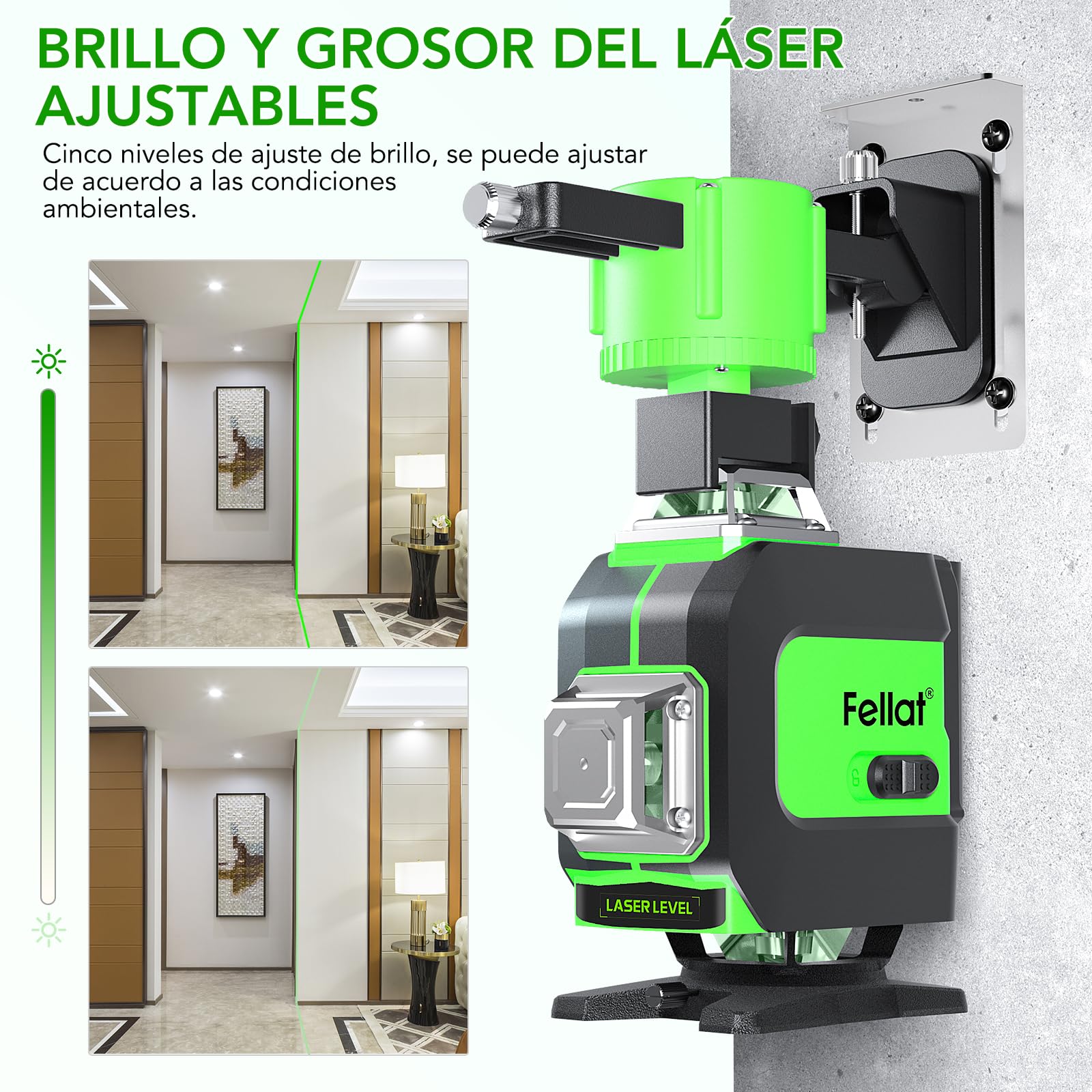 Nivel Láser, FELLAT 4x360° Nivel Laser Autonivelante, 16 Líneas, 2 x 360°Horizontal y 2 x 360°Verticales, 2 x 4000mAh Batería Recargable, Soporte Giratorio, para Diseño de Mejoras de Hogar