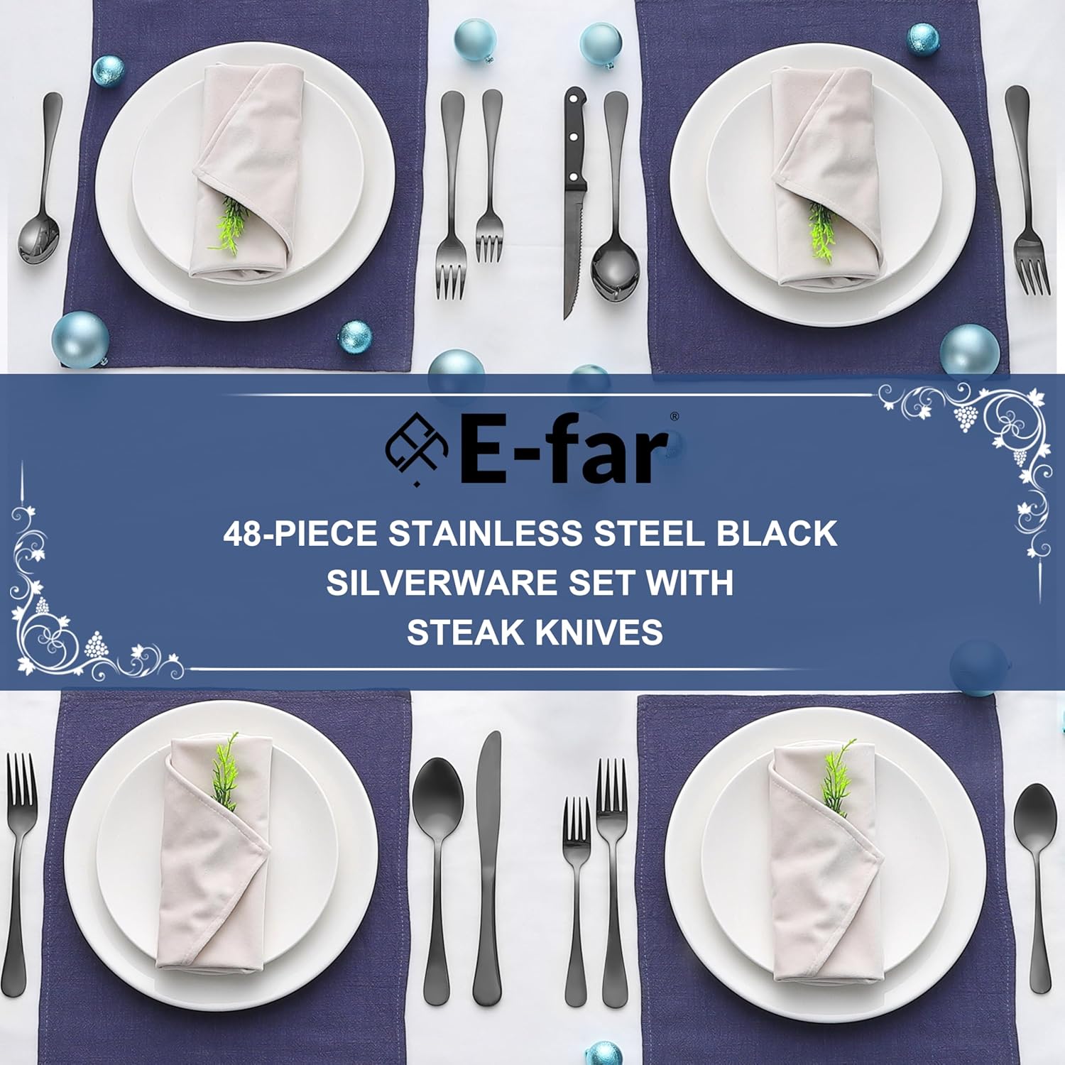 E-far 48-Piece Black Silverware Set with Steak Knives, Black Flatware Cutlery Set for 8, Stainless Steel Tableware Eating Utensils for Kitchen, Mirror Polished & Rust Proof