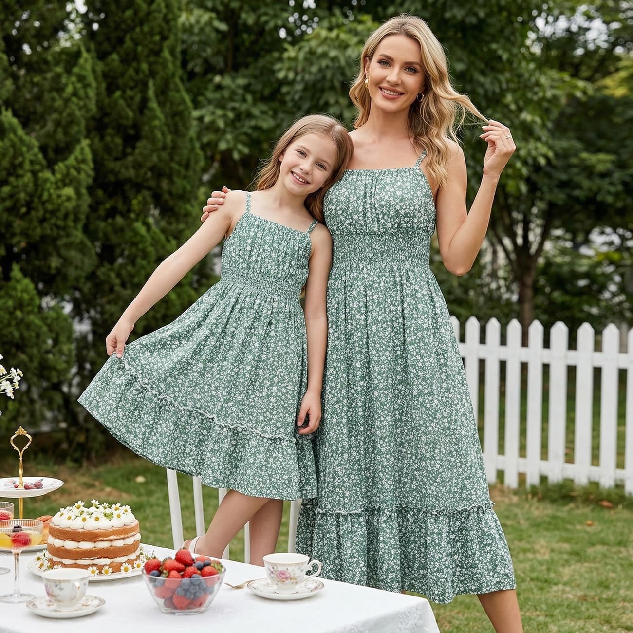 GRACE KARIN Mommy and Me Floral Smocked Dress,Spaghetti Strap Boho Dress,Summer Maxi Dress with Pockets