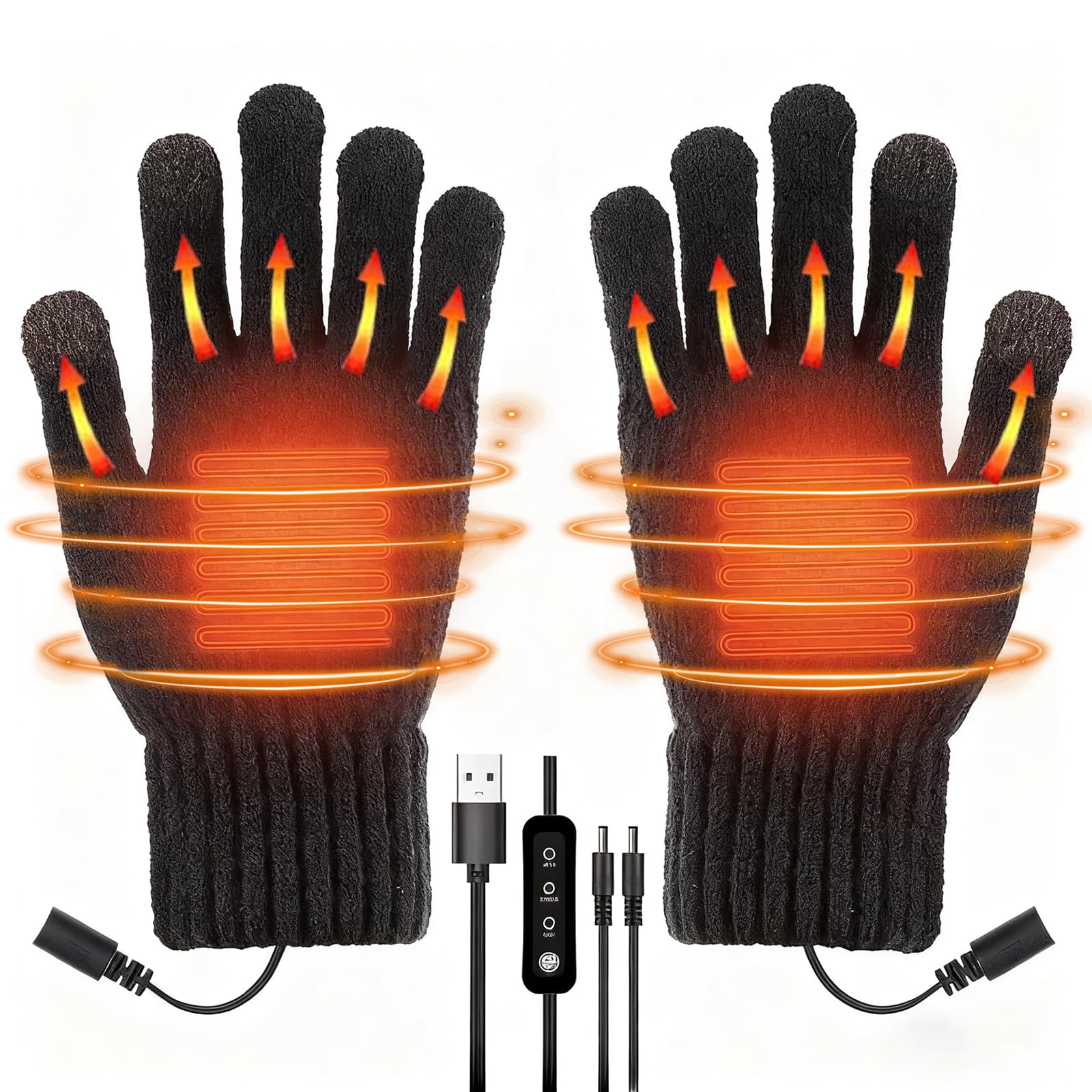 USB Heated Gloves for Men & Women, Double-Sided Heating Knitted Gloves with 3 Temperature Settings, Touchscreen Fingers, Washable Winter Hand Warmers for Indoor Outdoor