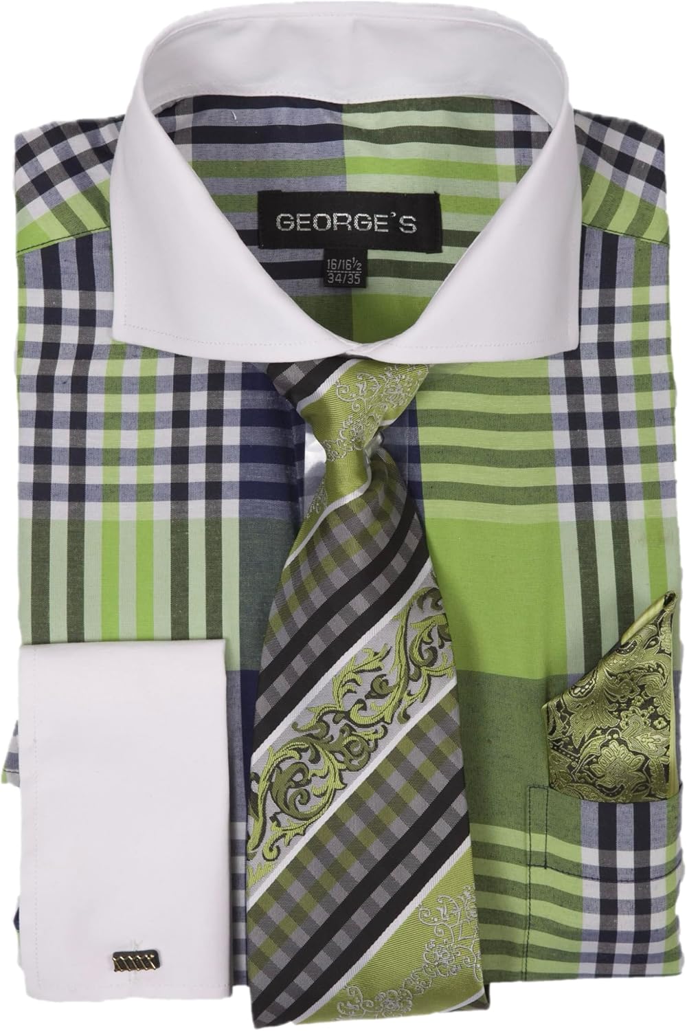 Men's Plaid Two-Tone with White Collar and French Cuffs, Dress Shirt with Tie & Handkerchief AH626