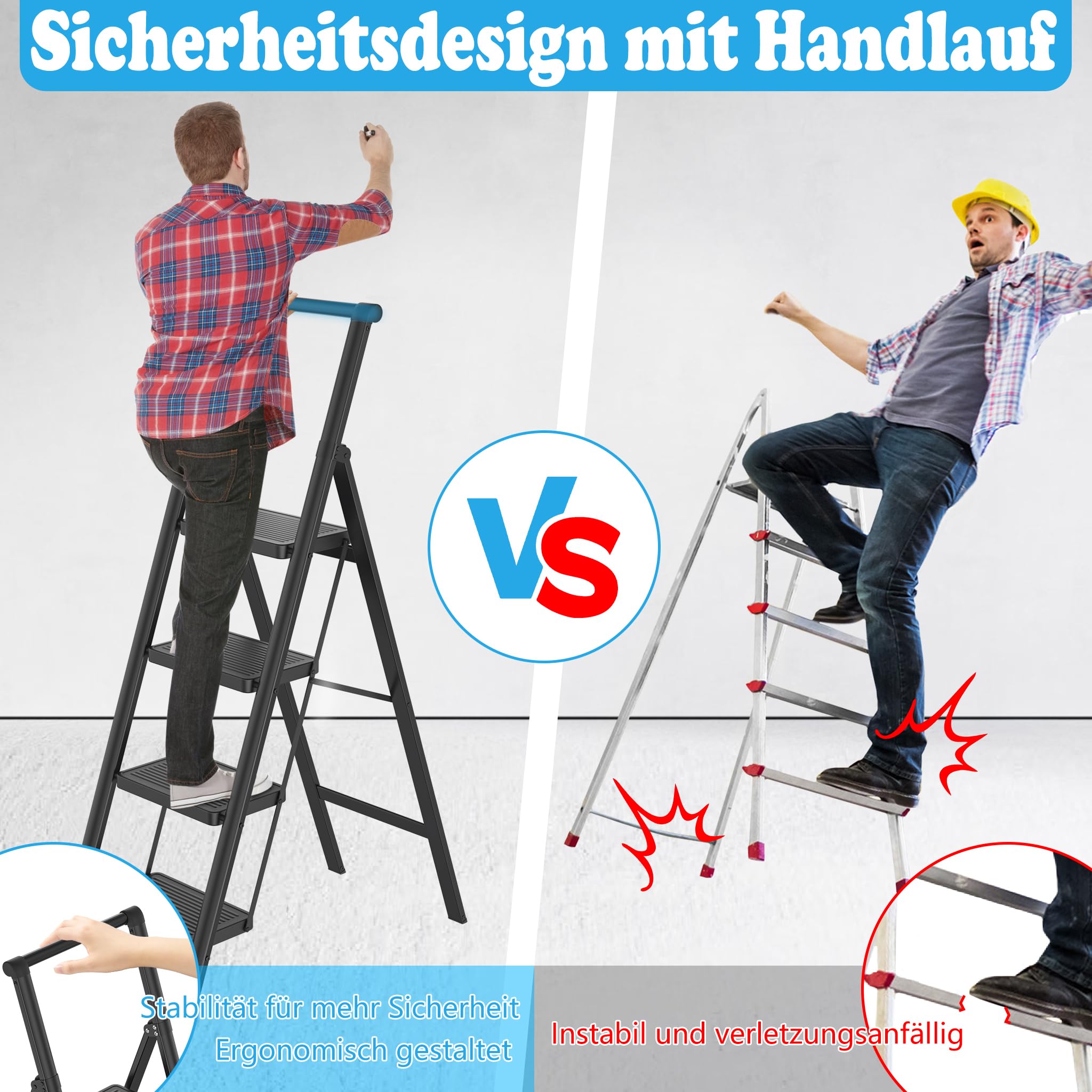 YRHome 4 Stufen Klappbar Trittleiter Leiter Tritthocker Klapptrittleiter mit breitem rutschfeste Pedal und Handlauf Multifunktionale Haushaltsleiter Stehleiter Bis 250KG Schwarz für Haushalt, Küche