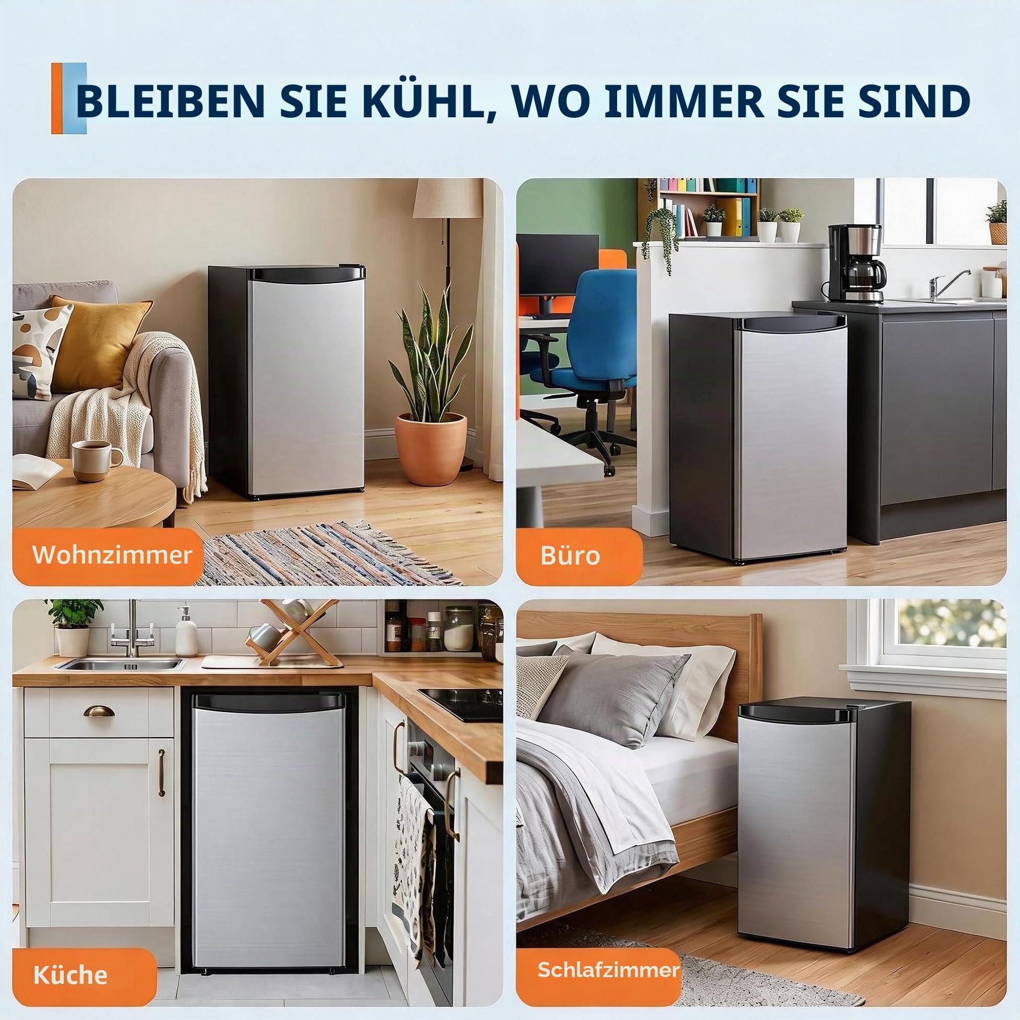 Kompakter Kühlschrank 45 Liter, Geräuscharmer Mini-Kühlschrank mit Edelstahlfront, 5 Kühlstufen (0–18 °C), herausnehmbares Gemüsefach, höhenverstellbare Standfüße, Für Zimmer, Büro