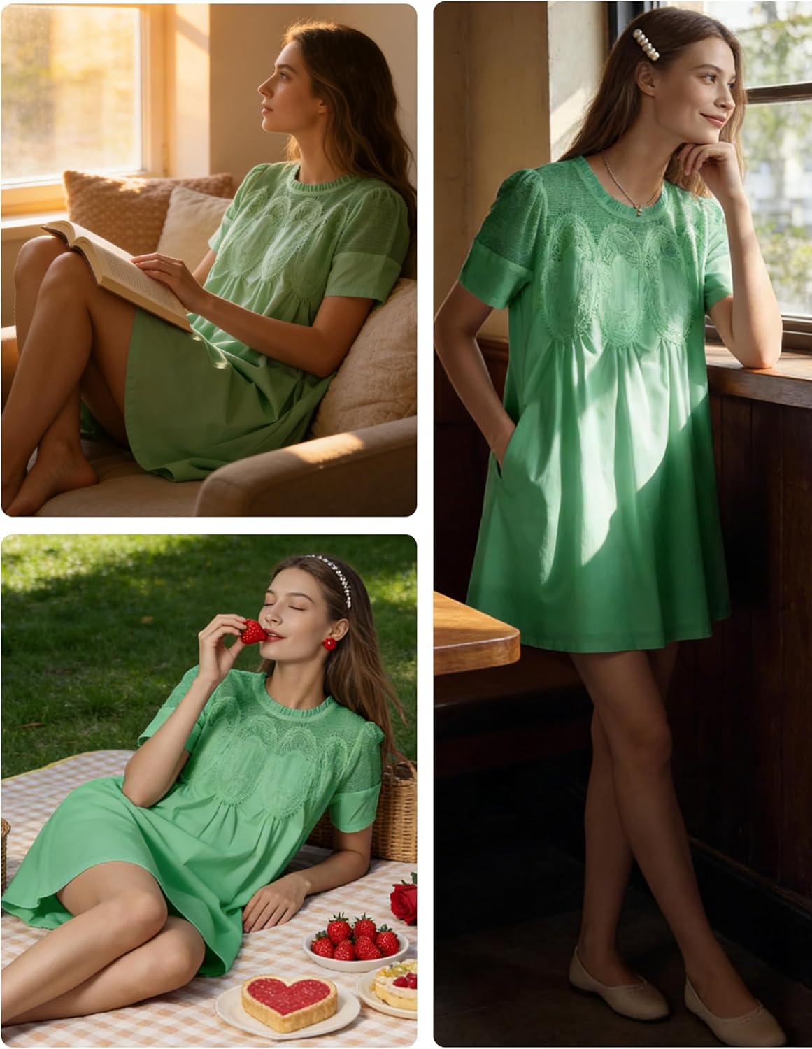 Shiyifa Womens Babydoll Lace Patchwork Dresses Summer Short Sleeve Ruffle Sundress Loose Crew Neck A-Line Dresses - Image 5