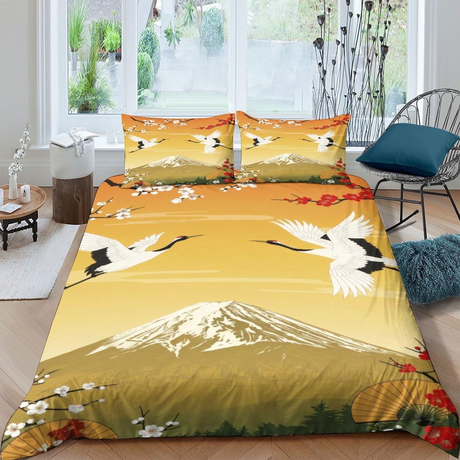 Ctjqhvkz Style-7 3D Printed Japanese Crane Fitted Sheet Microfiber Soft Mountain Sunset Bed Cover For Bedroom Guest Room Decor Single（135X200cm）