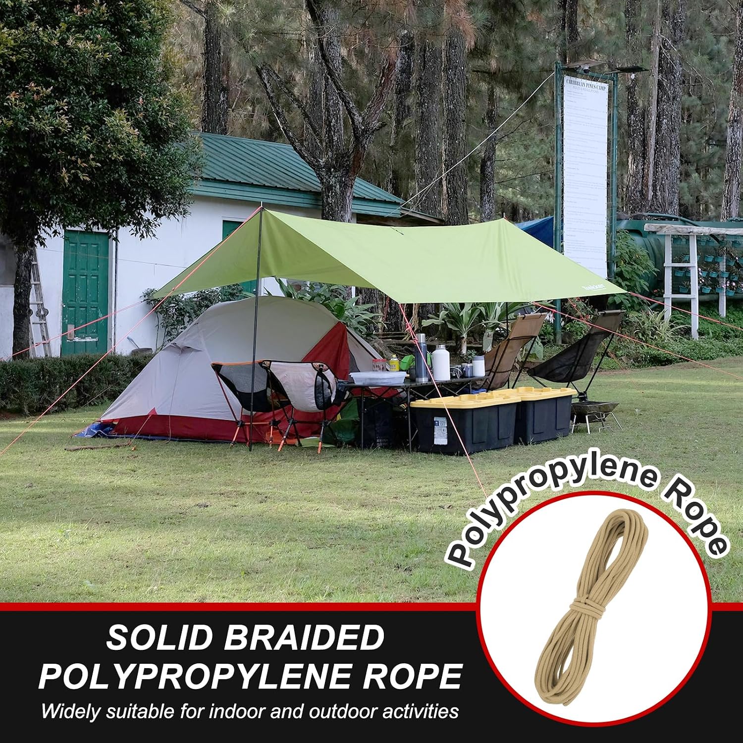 MECCANIXITY 3/8 Inch 90 Feet Polypropylene Rope,Solid Braided Utility Rope All Purpose Boat Marine Cord for Camping,Flag Pole,Clothesline,Outdoor,Khaki