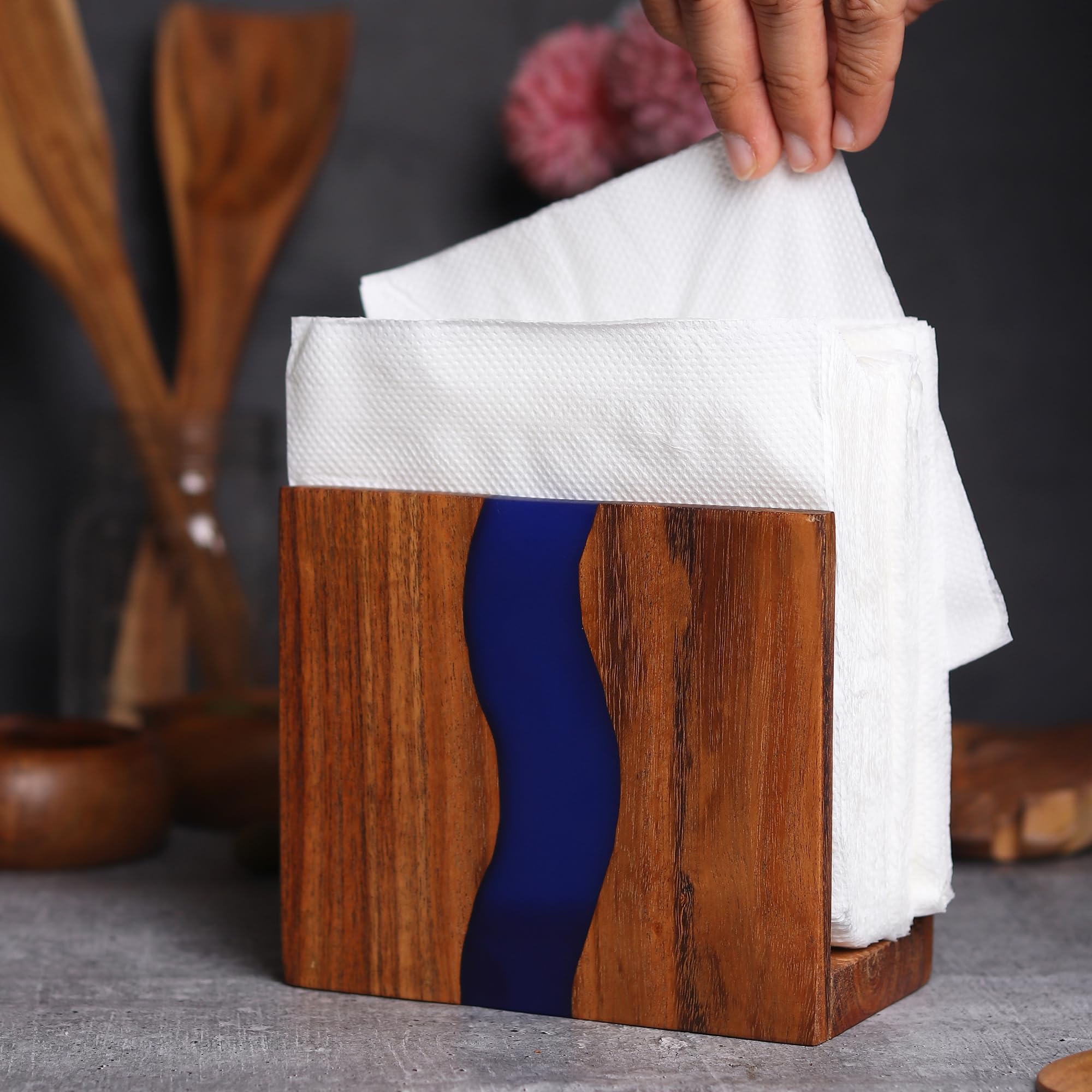 LAVAUX DESIGNS Porte-Serviettes Bois D'Acacia Et Résine - Organisation Rustique 15,2 X 12,7 X 6,3 Cm Pour Cuisine Et Table